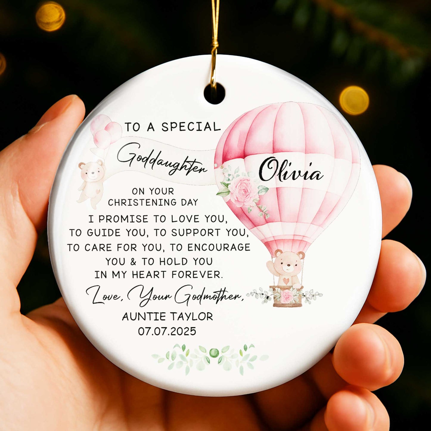 To A Special Goddaughter On Your Christening Day, Hot Air Balloon And Teddy Bear - Personalized Custom Ceramic Ornament With Round Shape - KID236_RCE