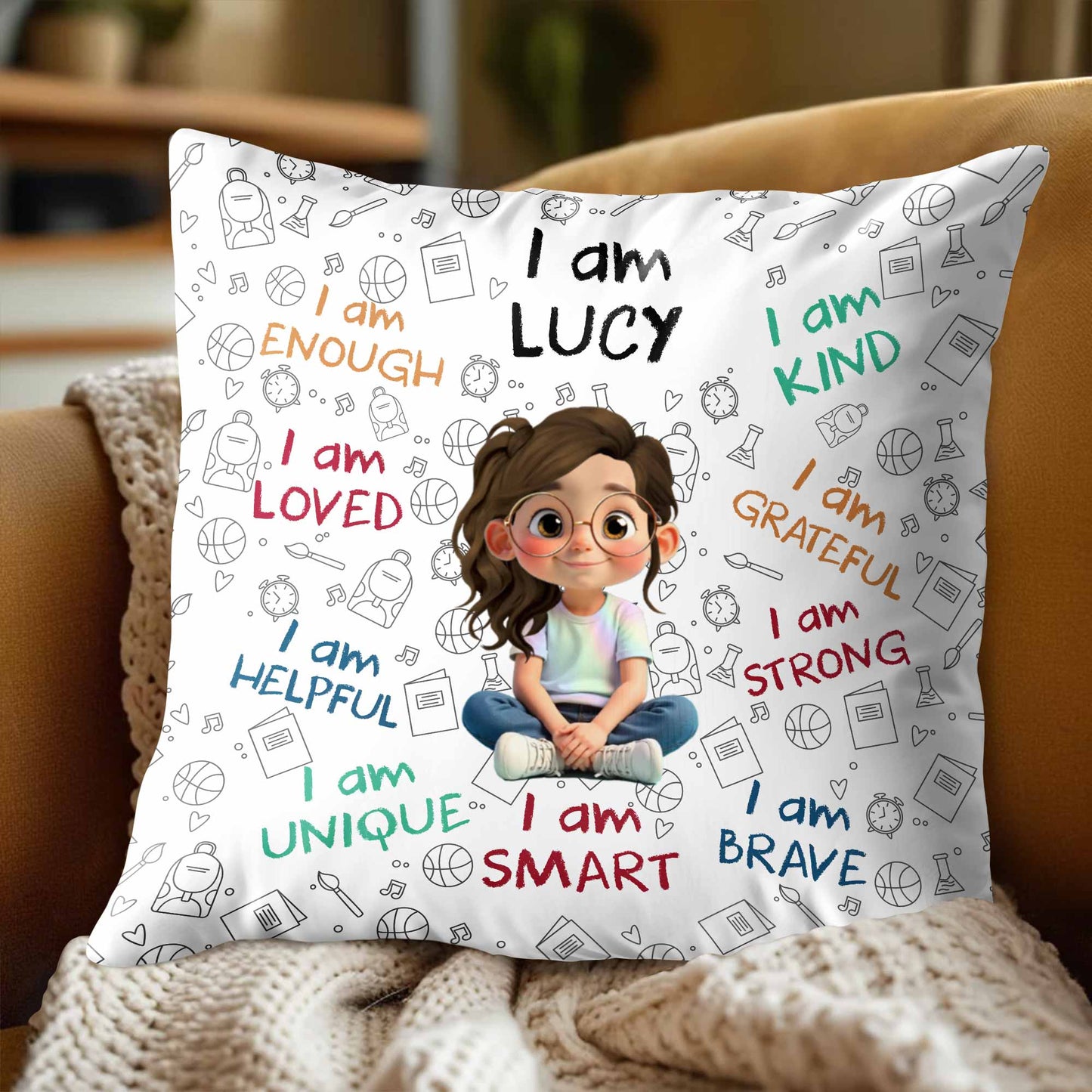 I Am Enough, Loved, Unique, Brave, Cartoon Girl - Personalized Custom Pillow, Insert Included - KID243_PLW