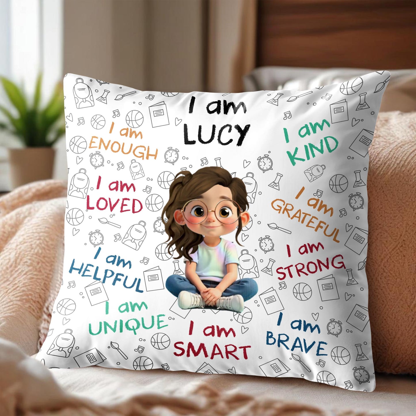 I Am Enough, Loved, Unique, Brave, Cartoon Girl - Personalized Custom Pillow, Insert Included - KID243_PLW