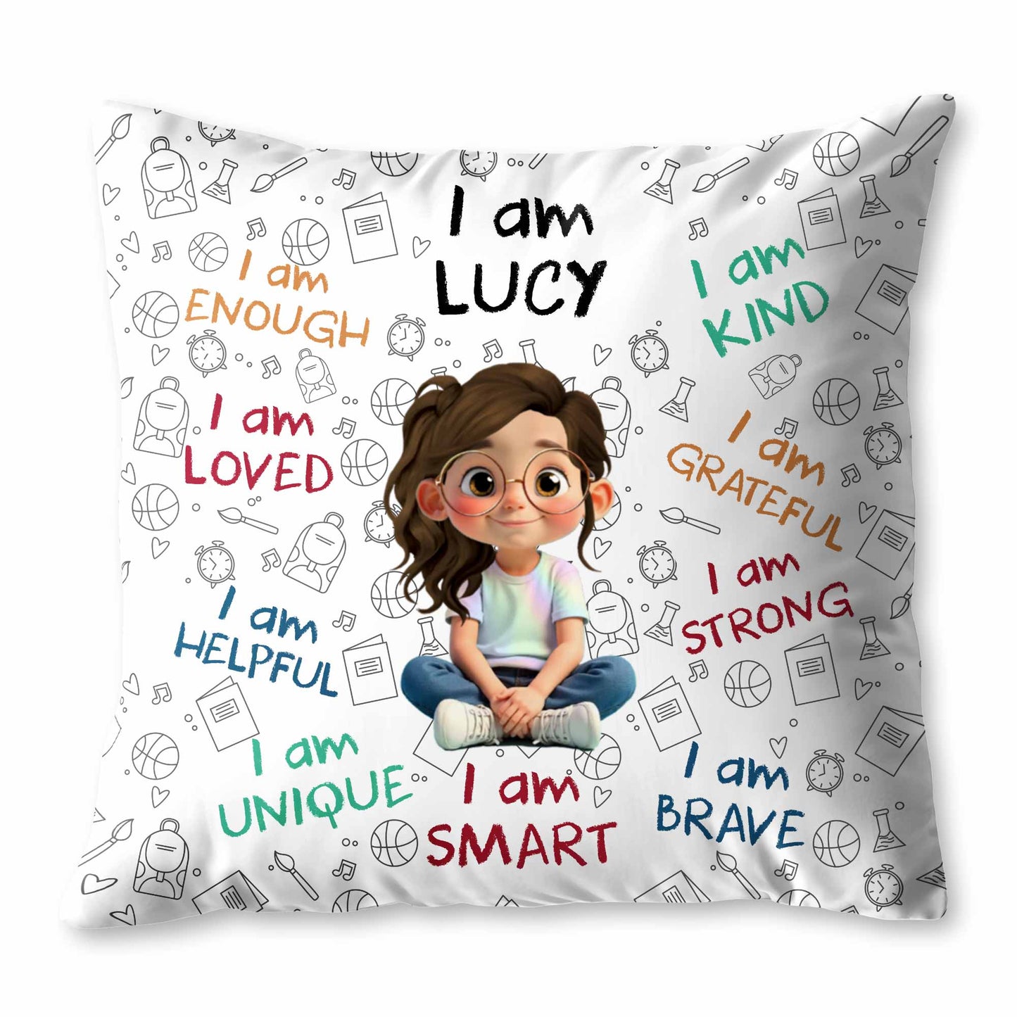I Am Enough, Loved, Unique, Brave, Cartoon Girl - Personalized Custom Pillow, Insert Included - KID243_PLW