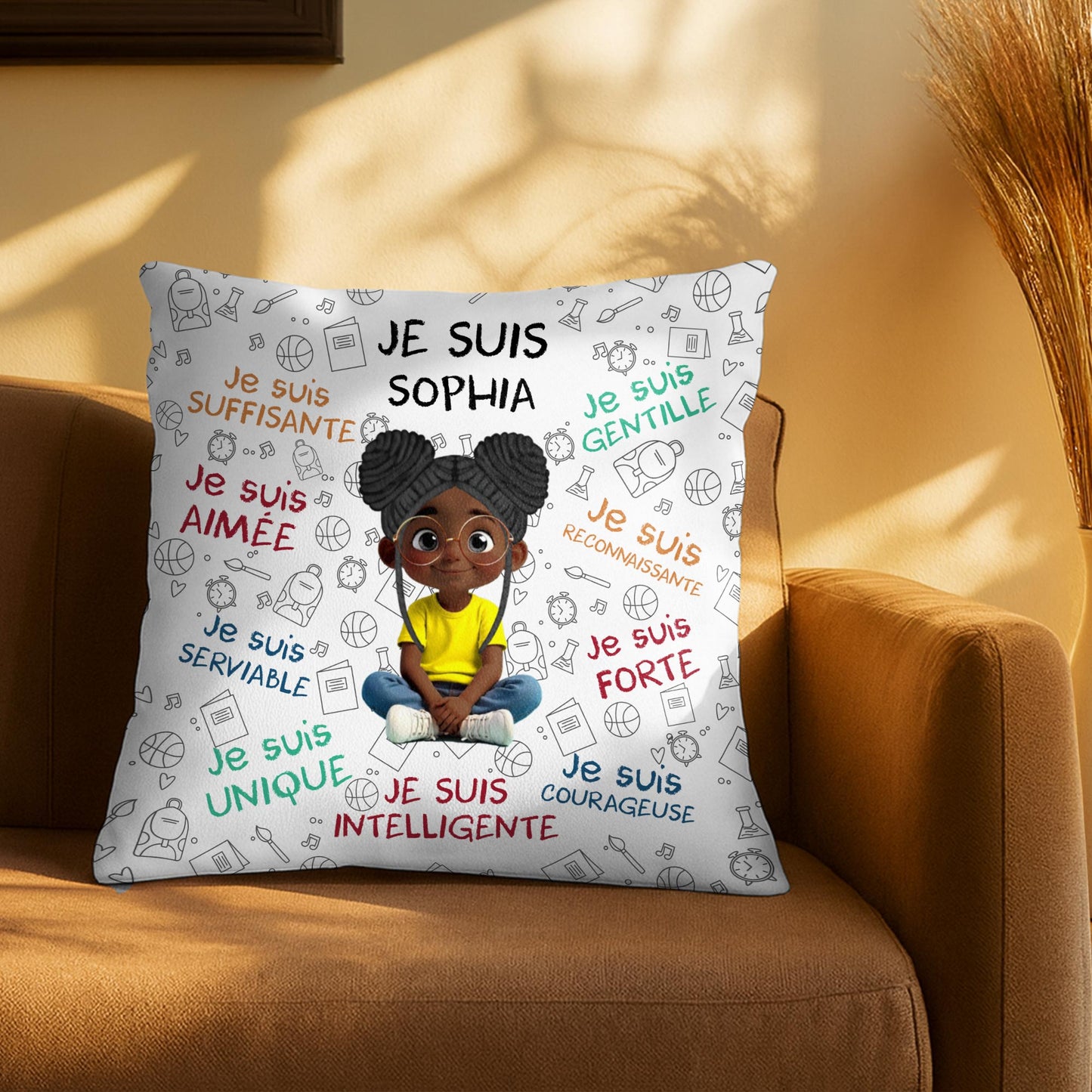 Je Suis Unique, Courteous, Loved, Custom Cartoon Girl Pillow - Personalized Custom Pillow, Insert Included - KID316_PLW