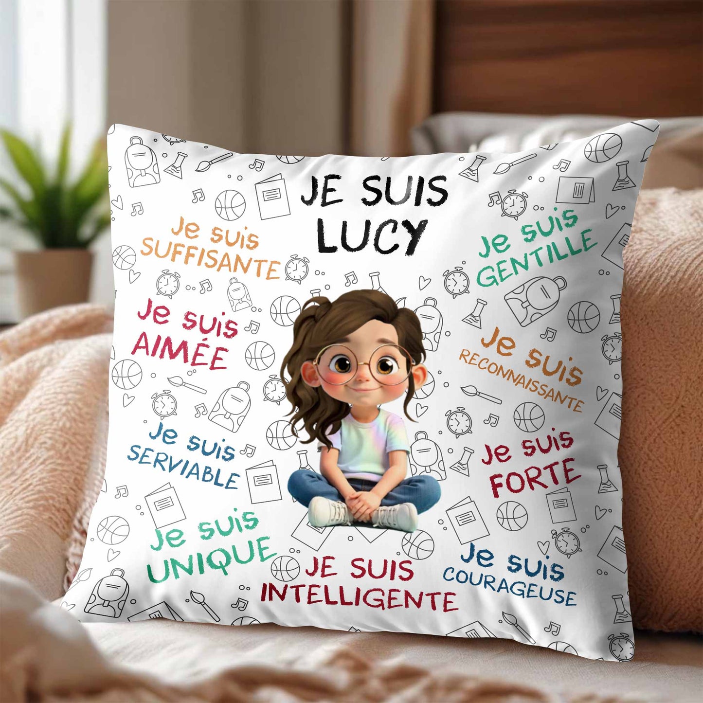 Je Suis Unique, Courteous, Loved, Custom Cartoon Girl Pillow - Personalized Custom Pillow, Insert Included - KID316_PLW