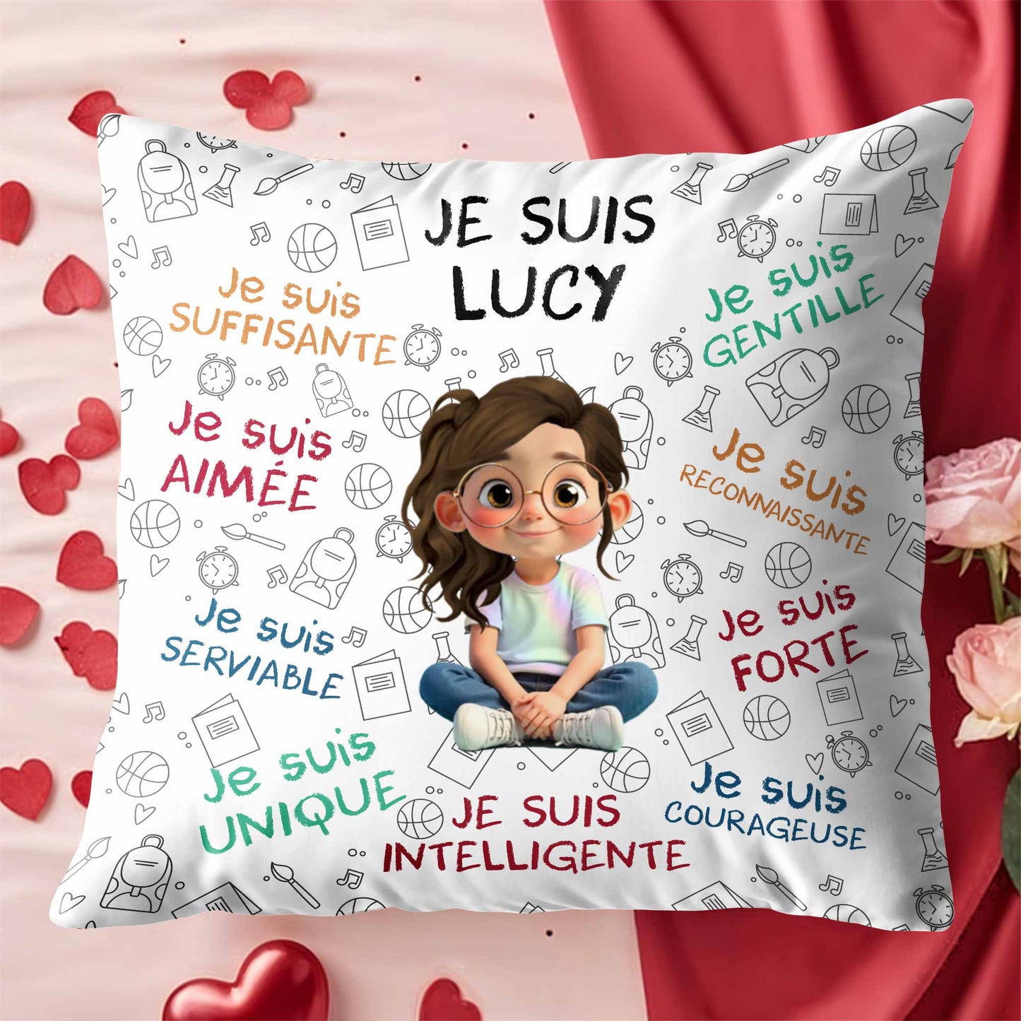 Je Suis Unique, Courteous, Loved, Custom Cartoon Girl Pillow - Personalized Custom Pillow, Insert Included - KID316_PLW