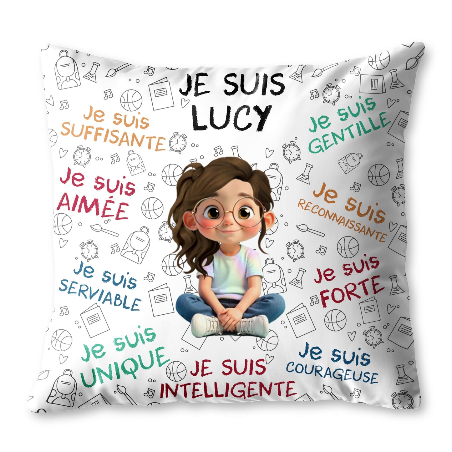 Je Suis Unique, Courteous, Loved, Custom Cartoon Girl Pillow