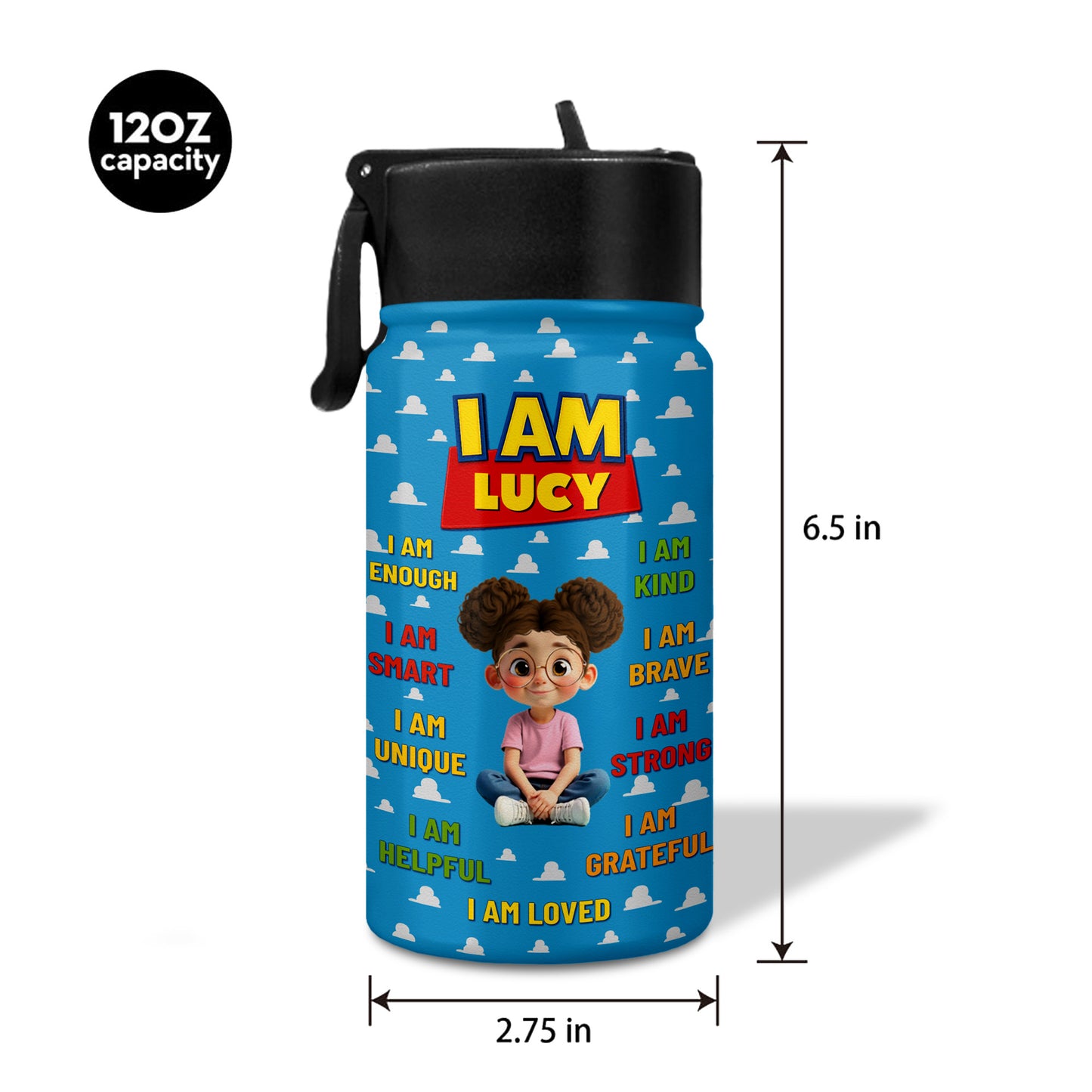 I Am Kind, Brave, Strong, Loved, Clouds And Cartoon Girl Design