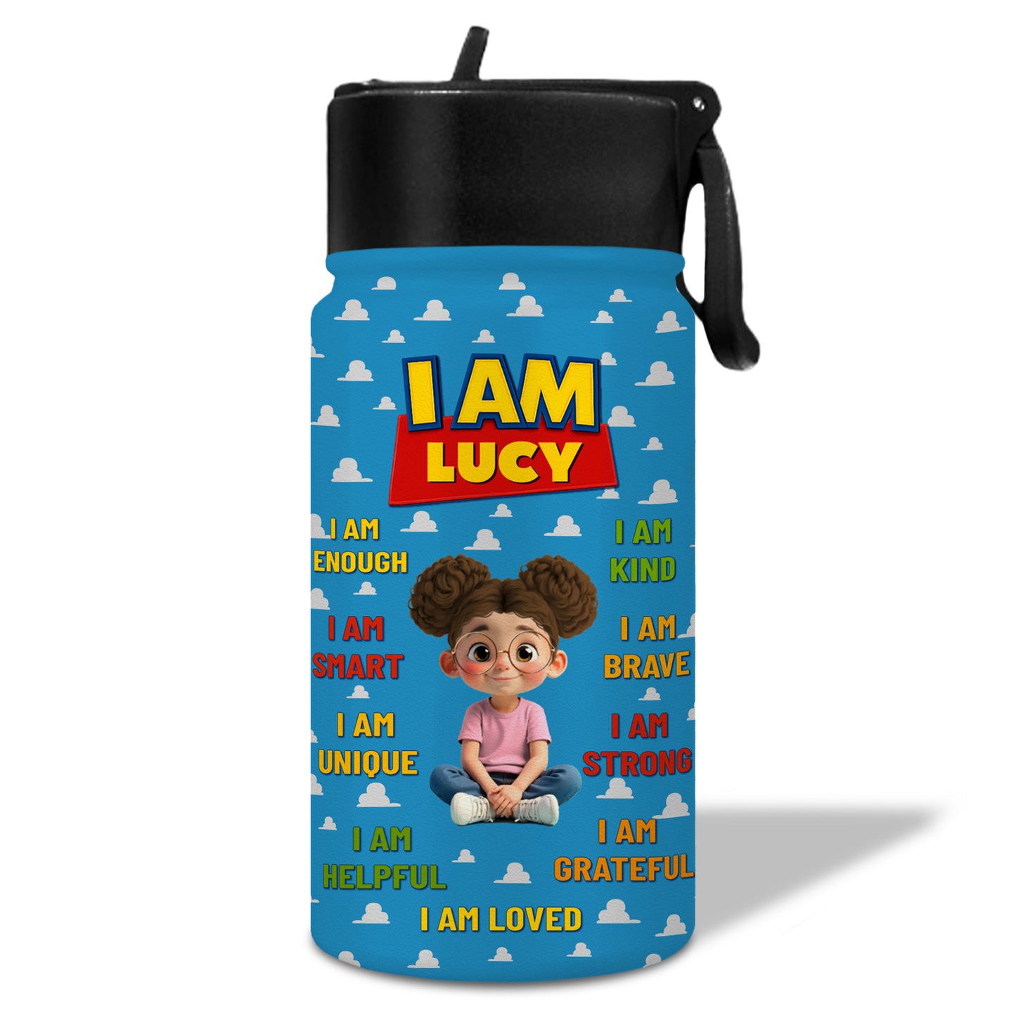 I Am Kind, Brave, Strong, Loved, Clouds And Cartoon Girl Design
