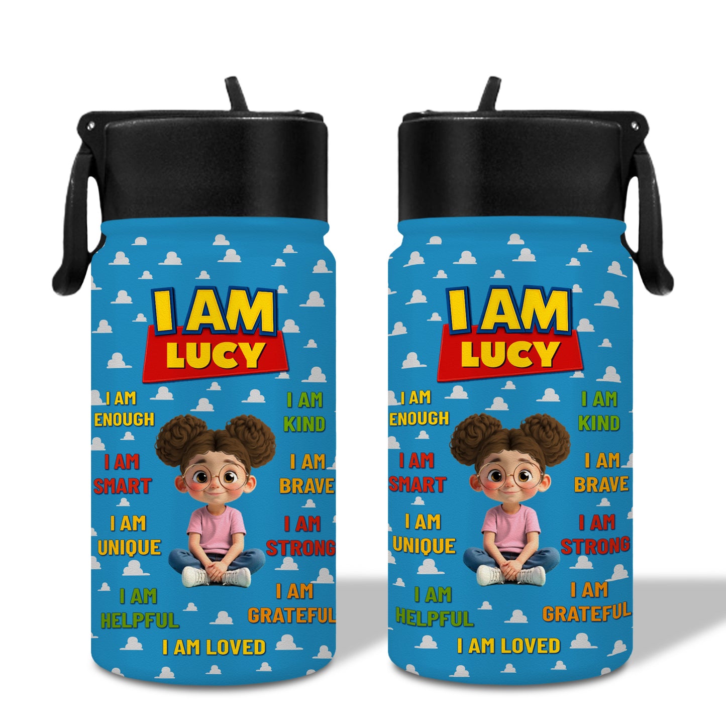 I Am Kind, Brave, Strong, Loved, Clouds And Cartoon Girl Design