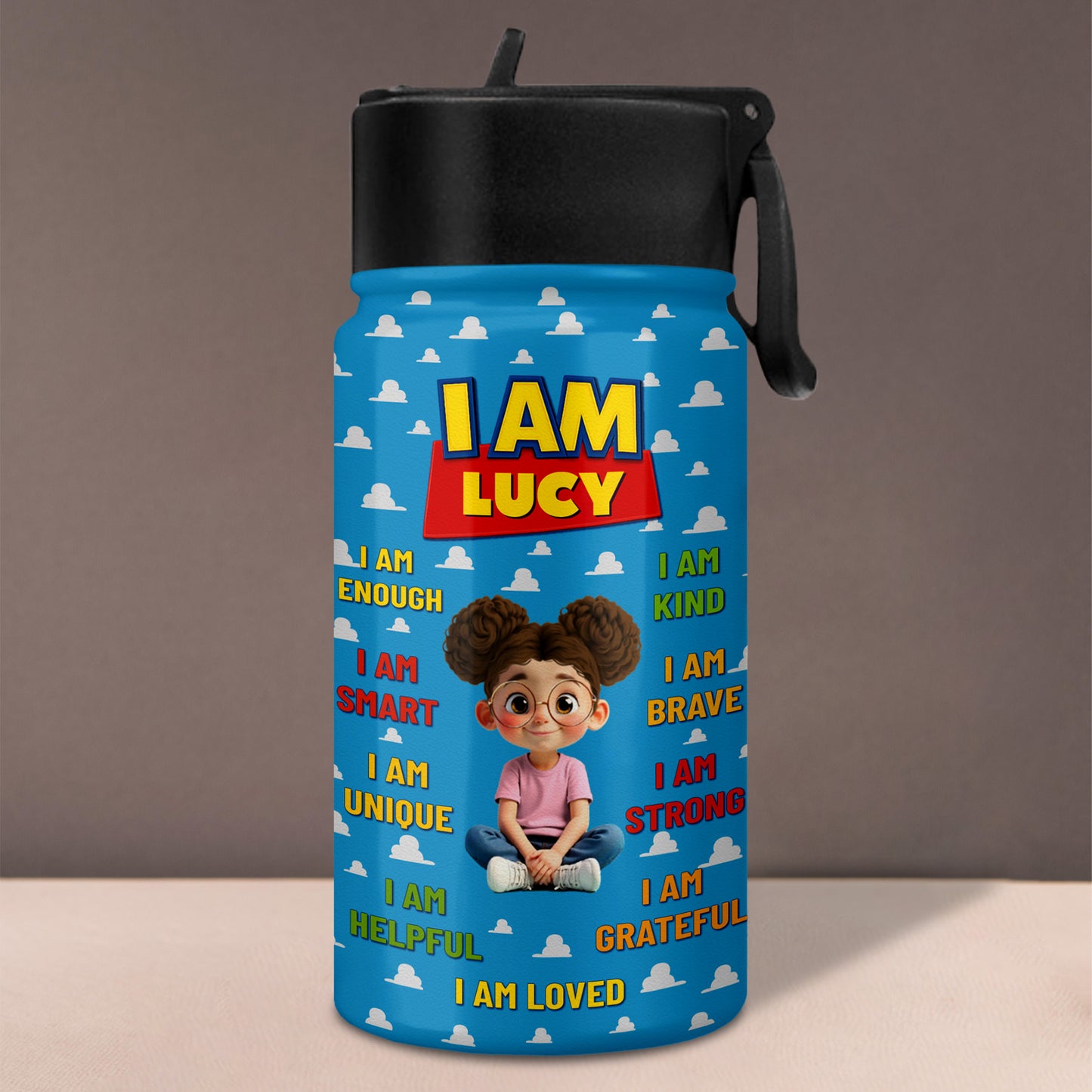 I Am Kind, Brave, Strong, Loved, Clouds And Cartoon Girl Design