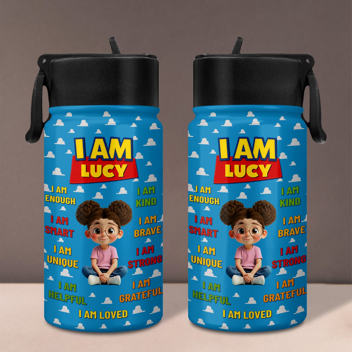 I Am Kind, Brave, Strong, Loved, Clouds And Cartoon Girl Design