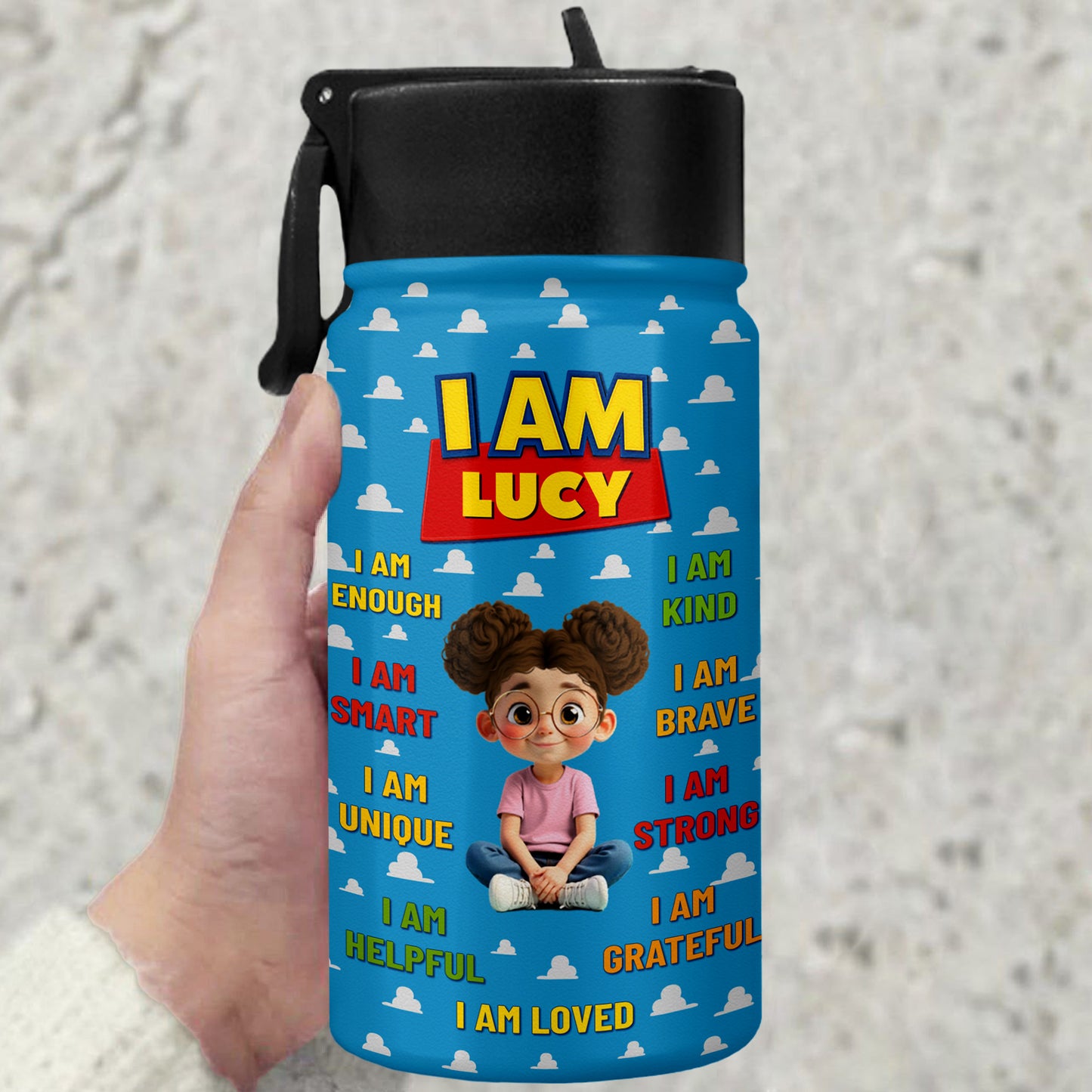I Am Kind, Brave, Strong, Loved, Clouds And Cartoon Girl Design