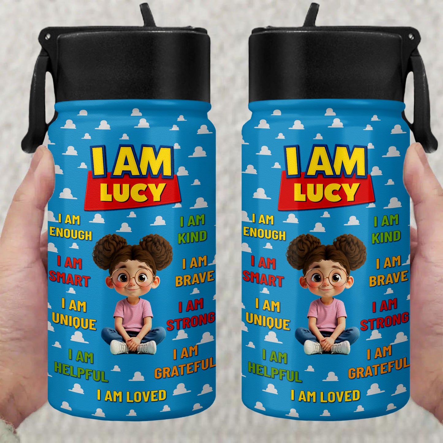 I Am Kind, Brave, Strong, Loved, Clouds And Cartoon Girl Design