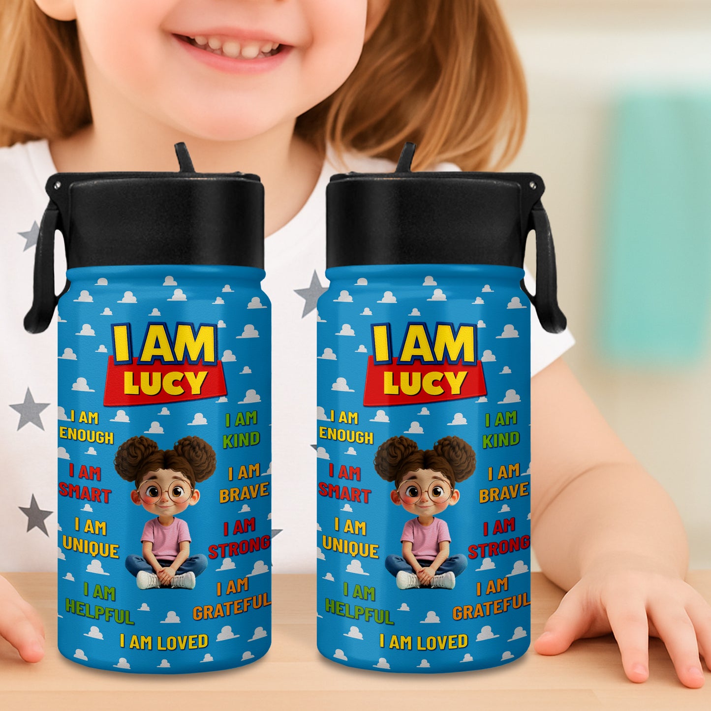 I Am Kind, Brave, Strong, Loved, Clouds And Cartoon Girl Design