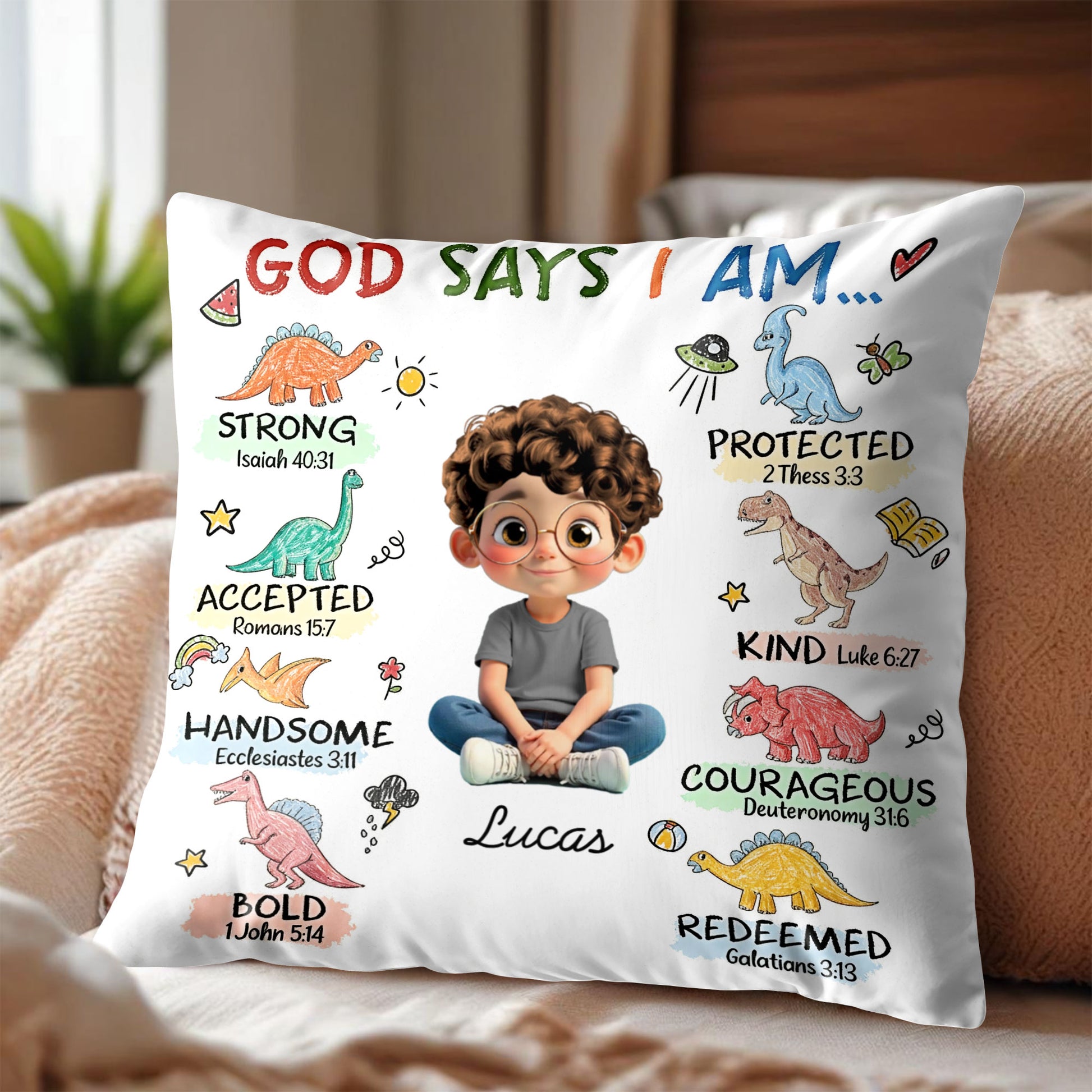 God Says I Am Strong, Protected, Kind, Cartoon Child Pillow