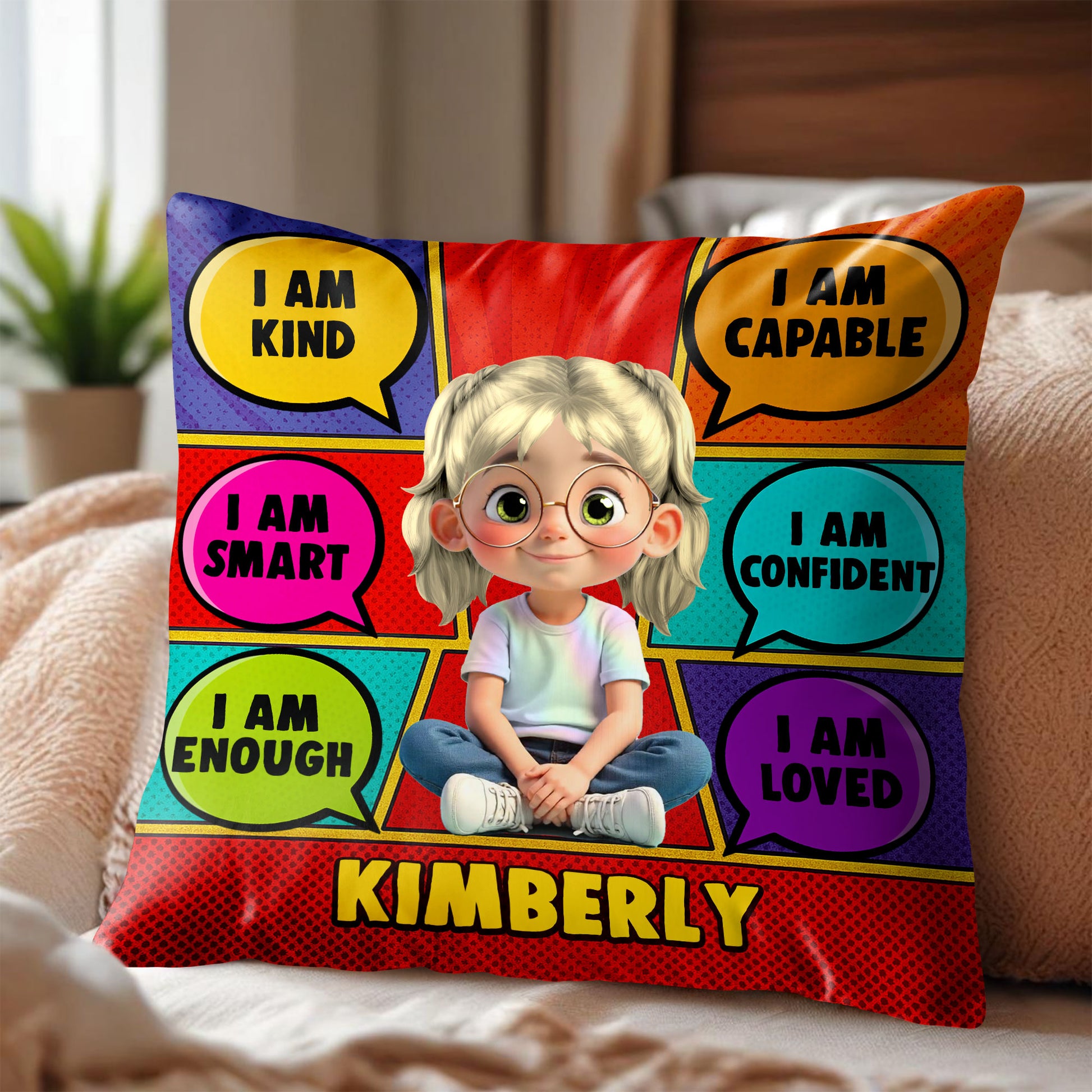 I Am Kind, Smart, Capable Comic Style Positive Affirmations Pillow