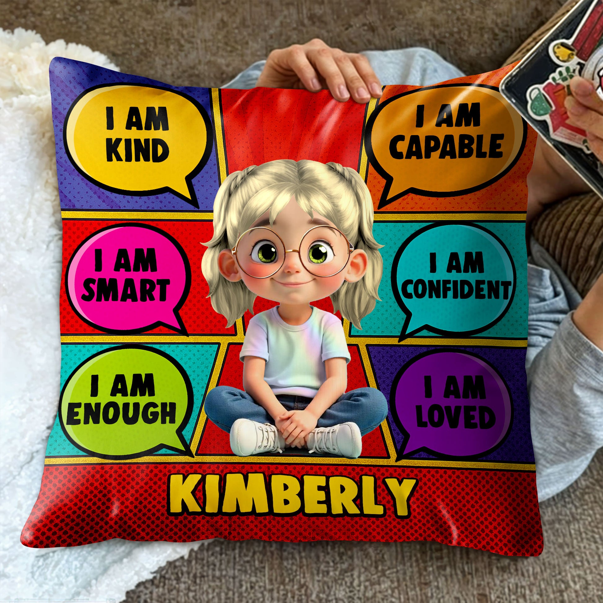 I Am Kind, Smart, Capable Comic Style Positive Affirmations Pillow