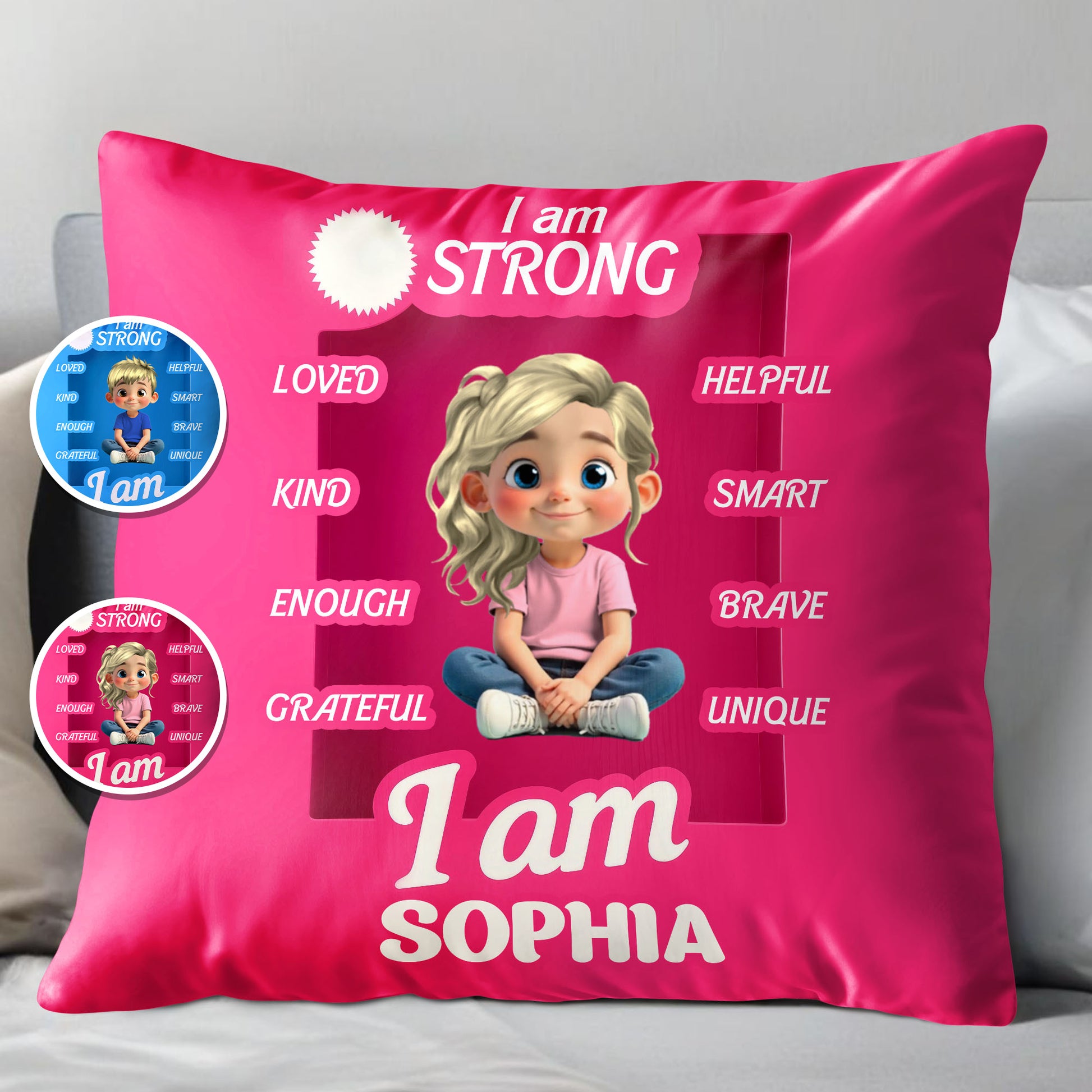 I Am Strong, Loved, Helpful, Smart, Brave, Unique, Kind, Enough, Grateful Pillow