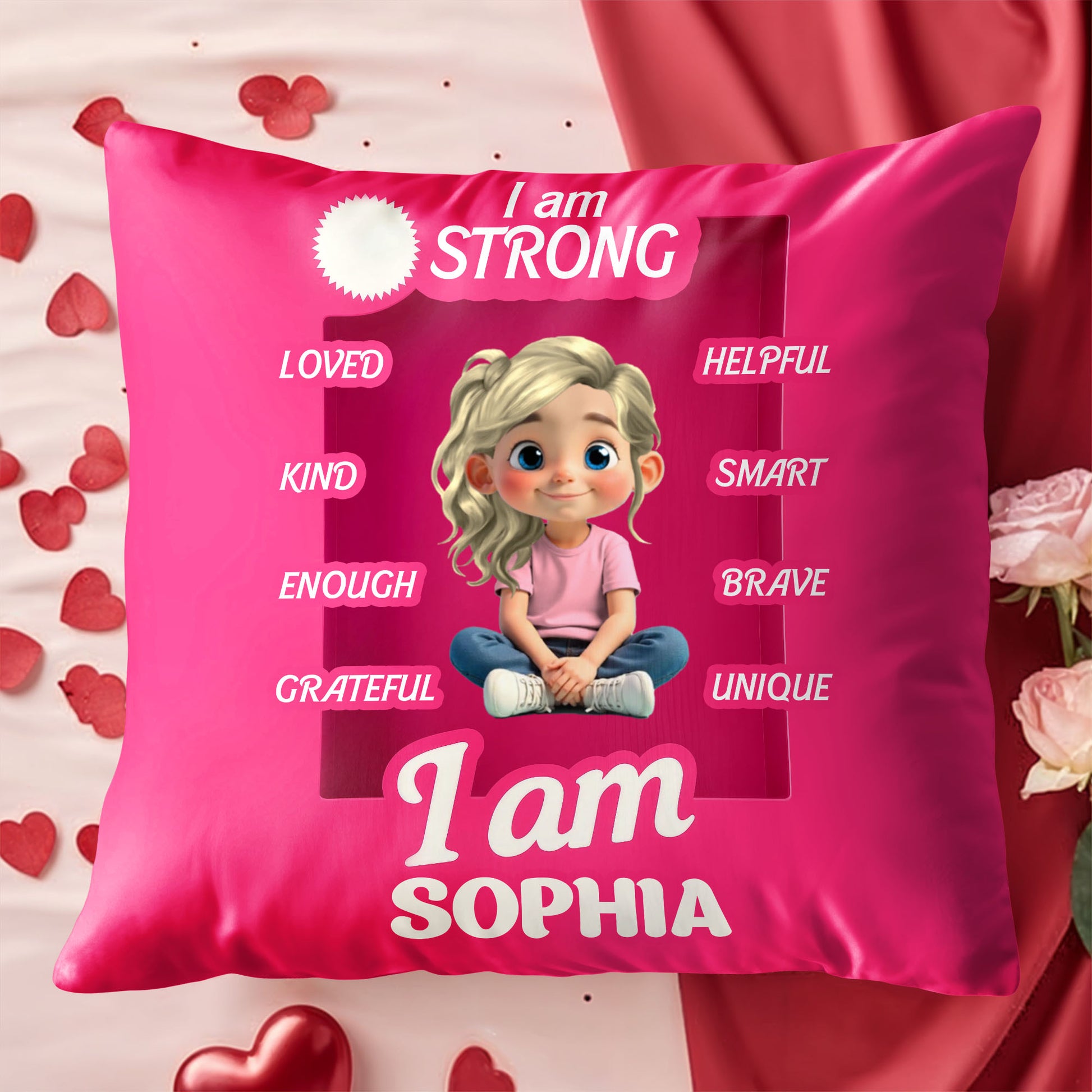 I Am Strong, Loved, Helpful, Smart, Brave, Unique, Kind, Enough, Grateful Pillow