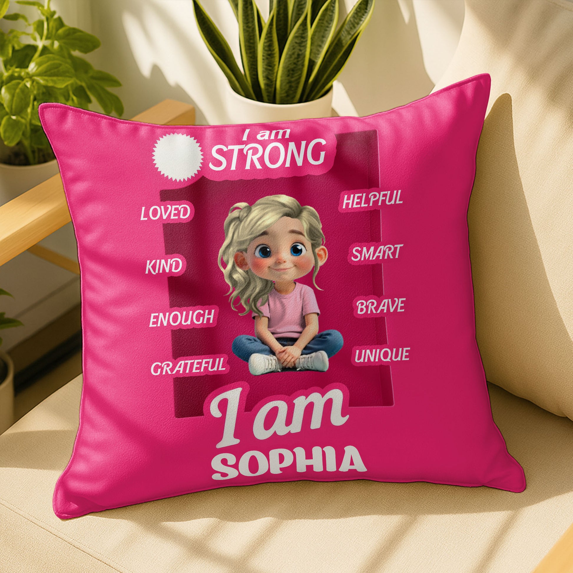 I Am Strong, Loved, Helpful, Smart, Brave, Unique, Kind, Enough, Grateful Pillow