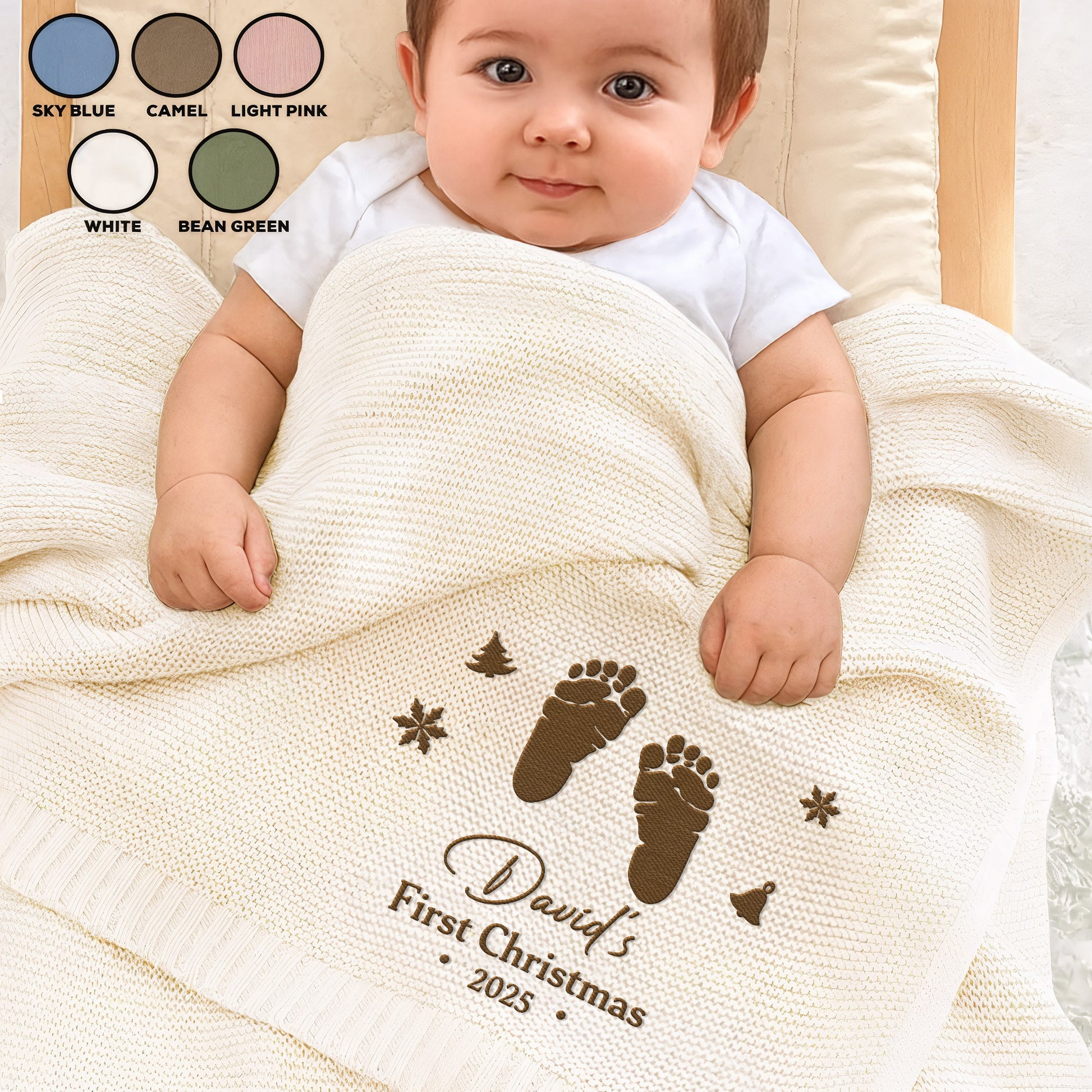 First Christmas Embroidered With Baby Footprints