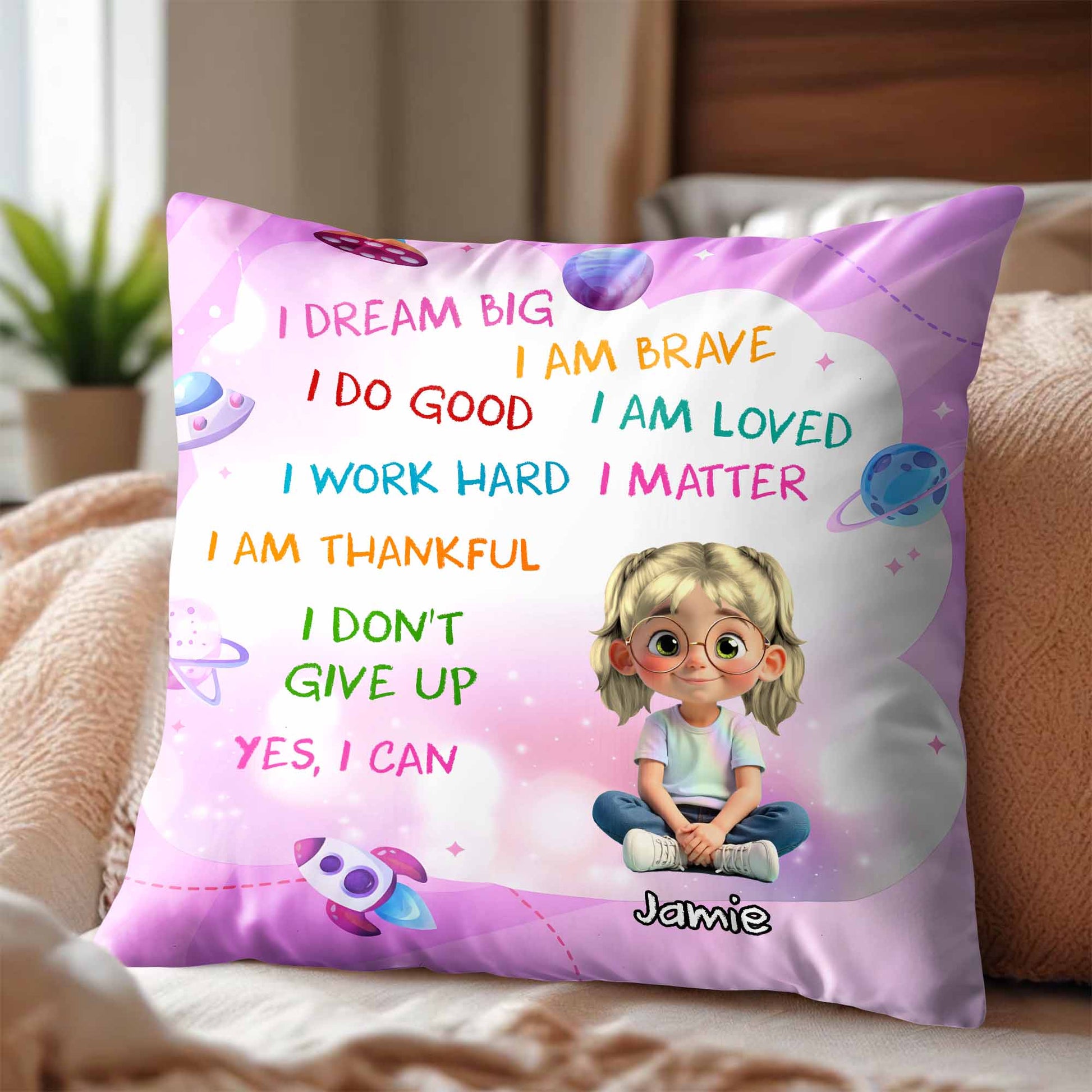 I Dream Big, I Am Brave, Cartoon Girl With Planets And Stars