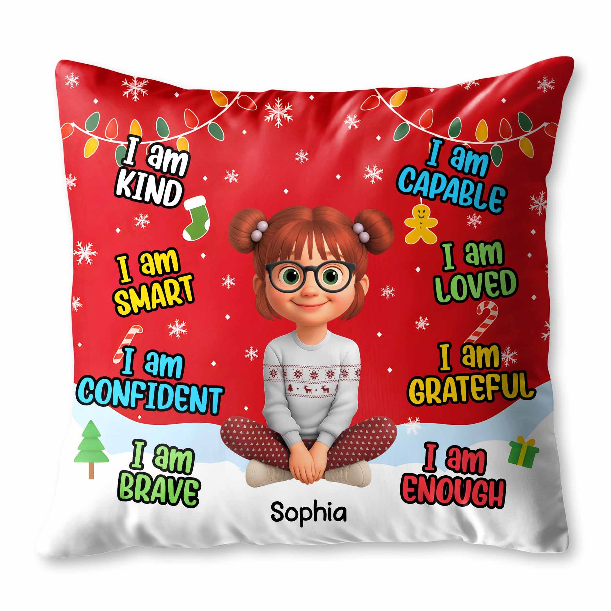 I Am Kind, Smart, Confident, Brave, Pillow With Cartoon Girl