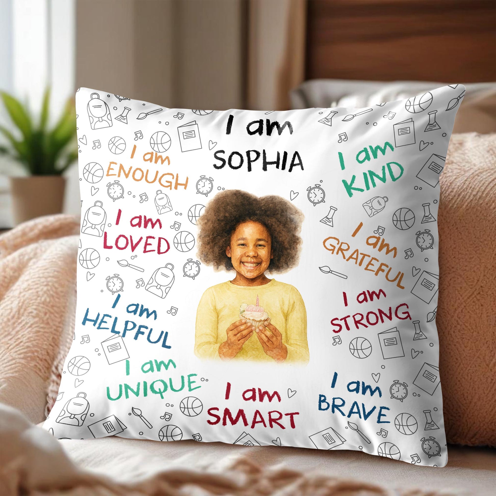 I Am Enough, Loved, Brave, Smart Pillow With Inspirational Icons