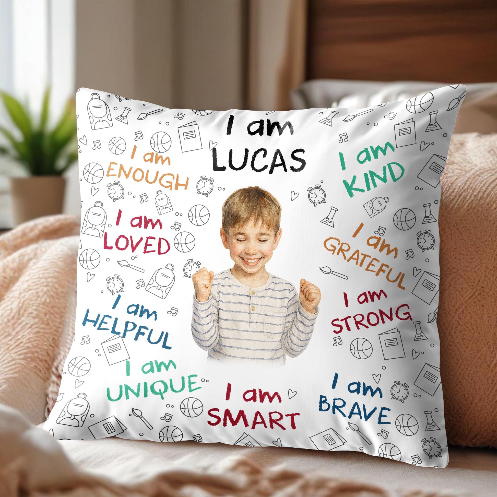 I Am Enough, Loved, Brave, Smart Pillow With Inspirational Icons