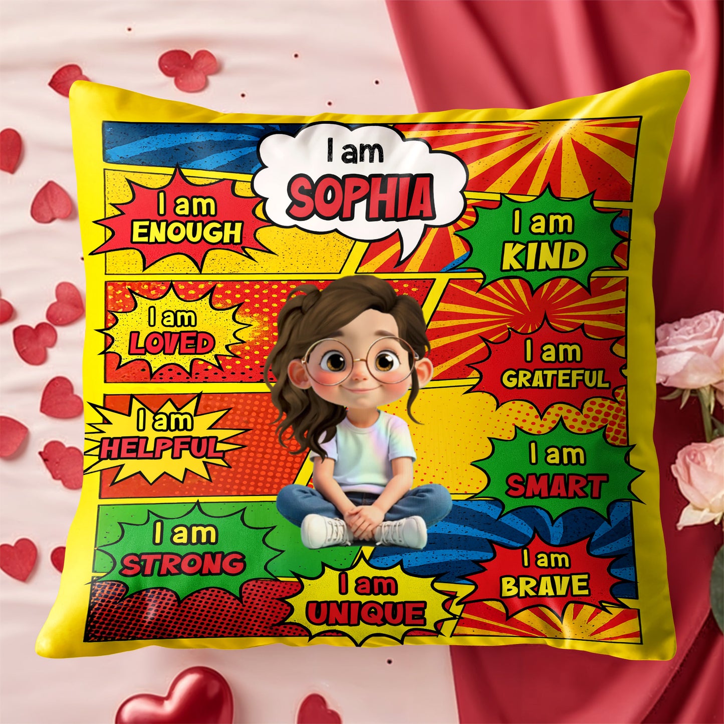 I Am Enough, Kind, Loved, Unique, Comic Style Design - Personalized Custom Pillow, Insert Included - KID385_PLW