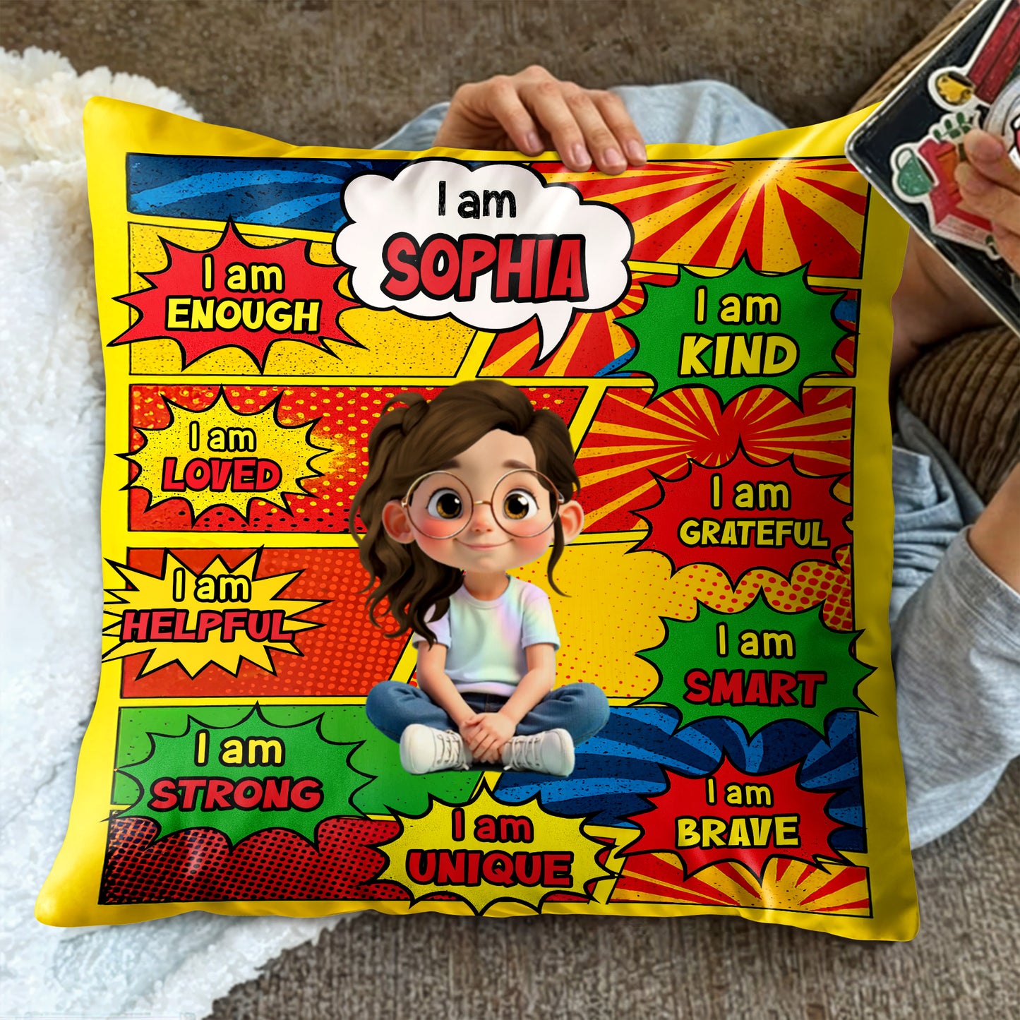 I Am Enough, Kind, Loved, Unique, Comic Style Design - Personalized Custom Pillow, Insert Included - KID385_PLW