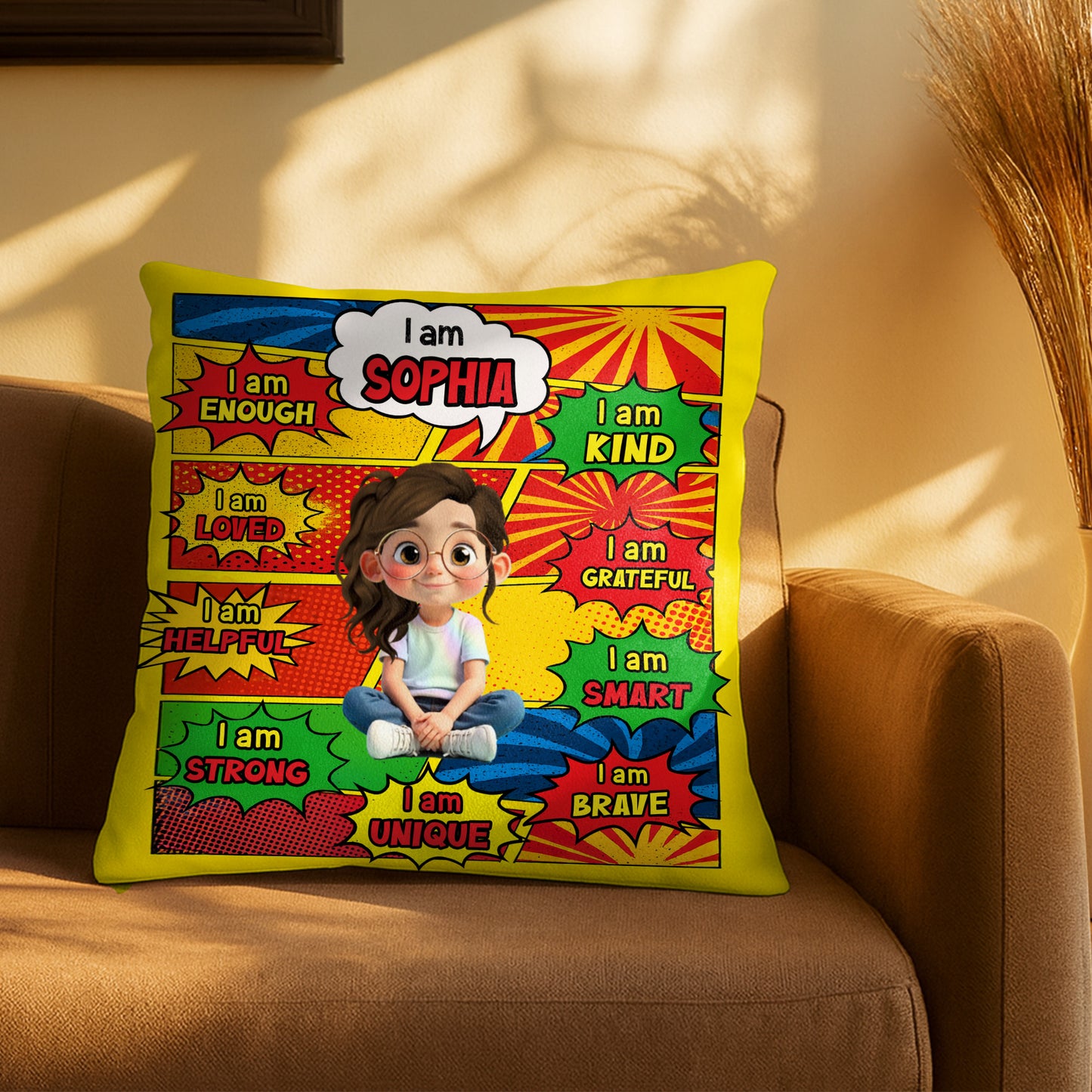 I Am Enough, Kind, Loved, Unique, Comic Style Design - Personalized Custom Pillow, Insert Included - KID385_PLW