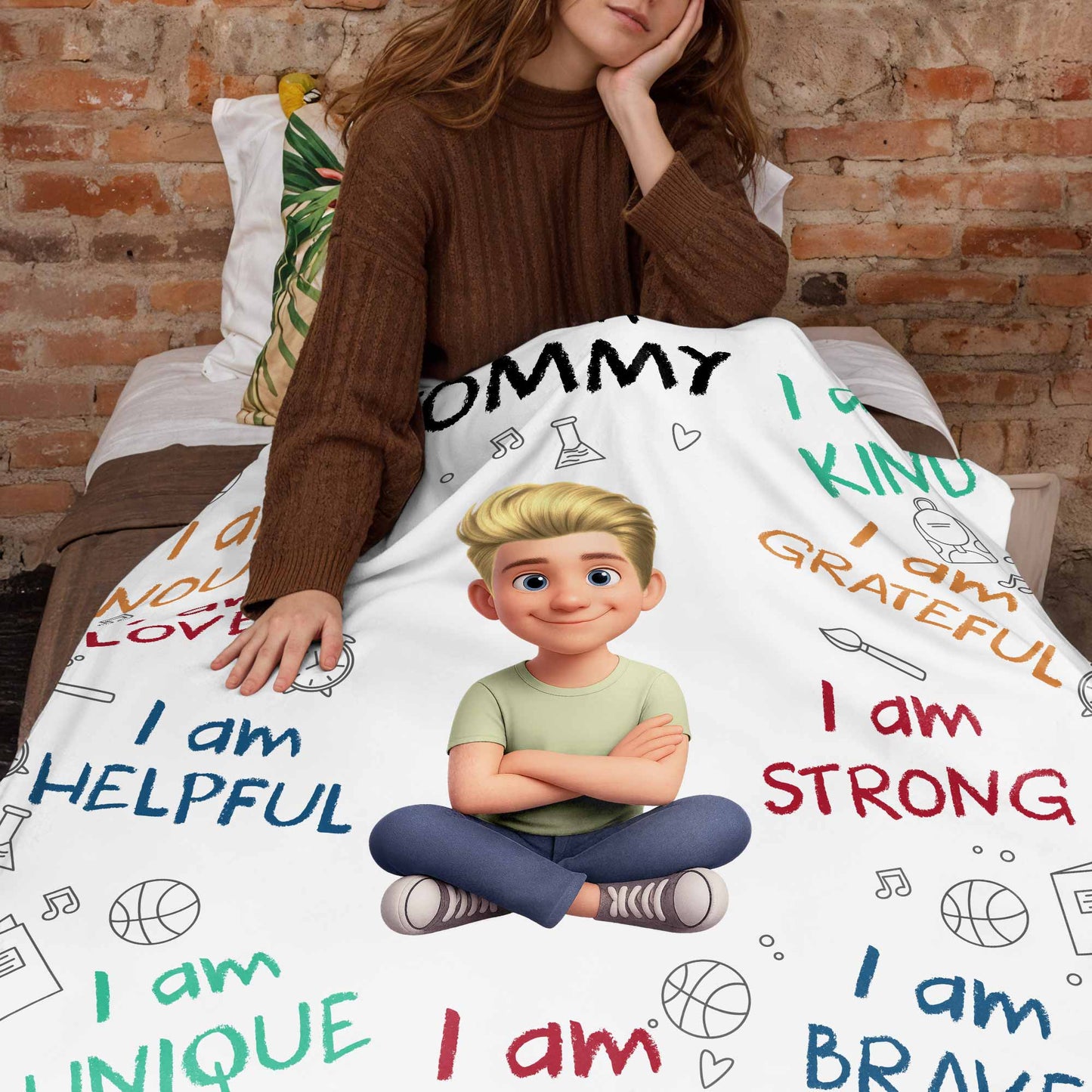 I Am Enough, Loved, Helpful, Unique, Smart, Brave, Strong, Kind, Grateful - Personalized Custom Blanket - KID399_BLK