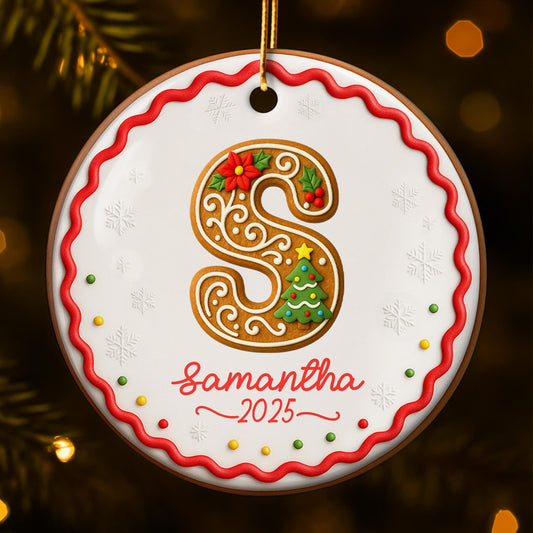 Personalized Initial Ornament With Christmas Tree And Snowflakes