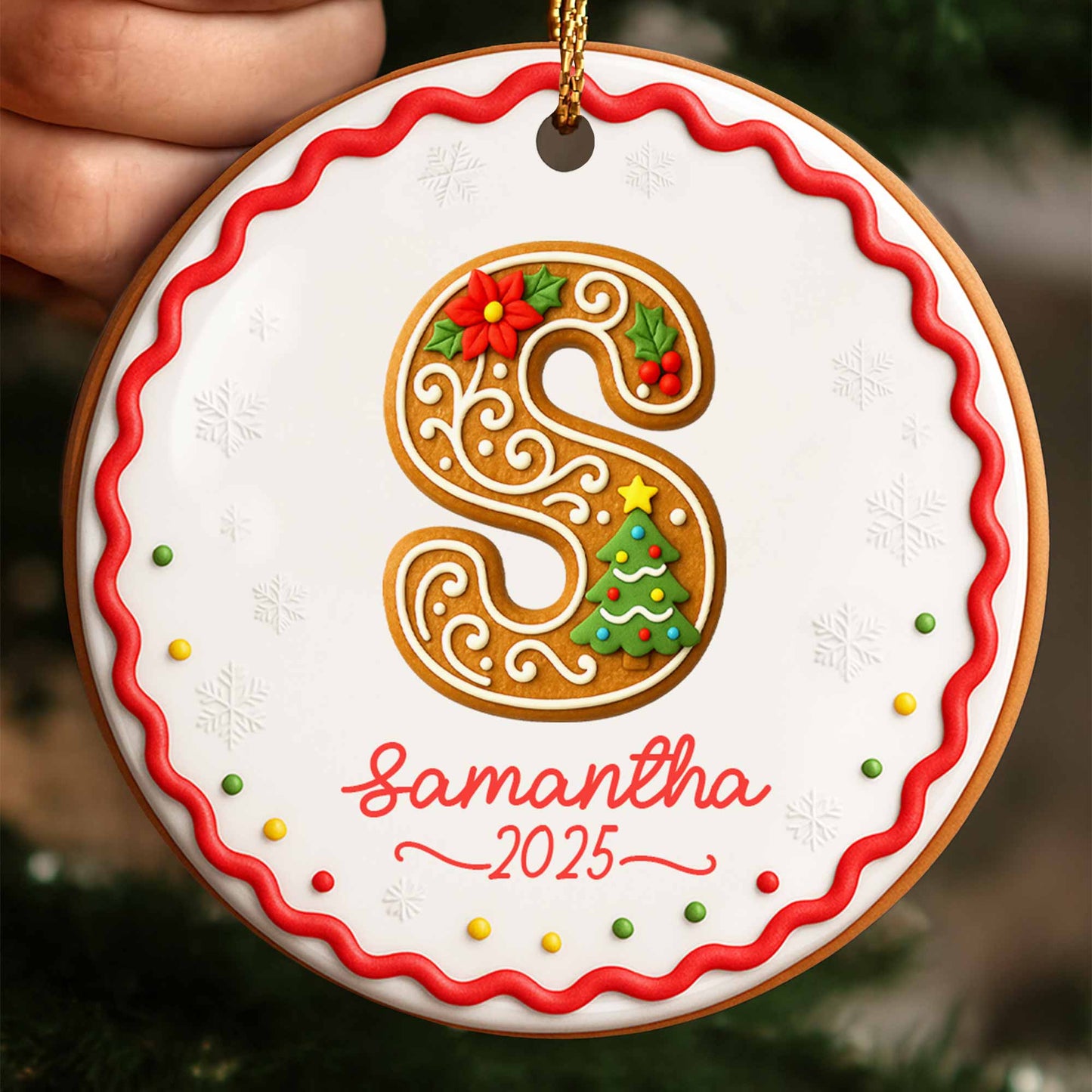 Personalized Initial Ornament With Christmas Tree And Snowflakes