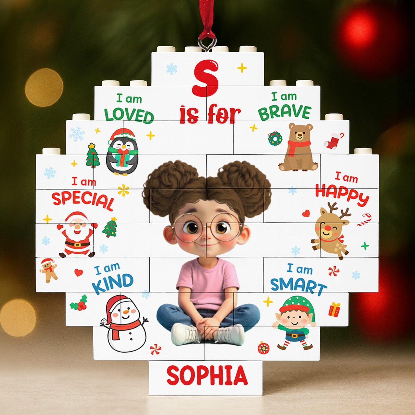 I Am Loved, I Am Brave, Personalized Puzzle Ornament With Festive Characters