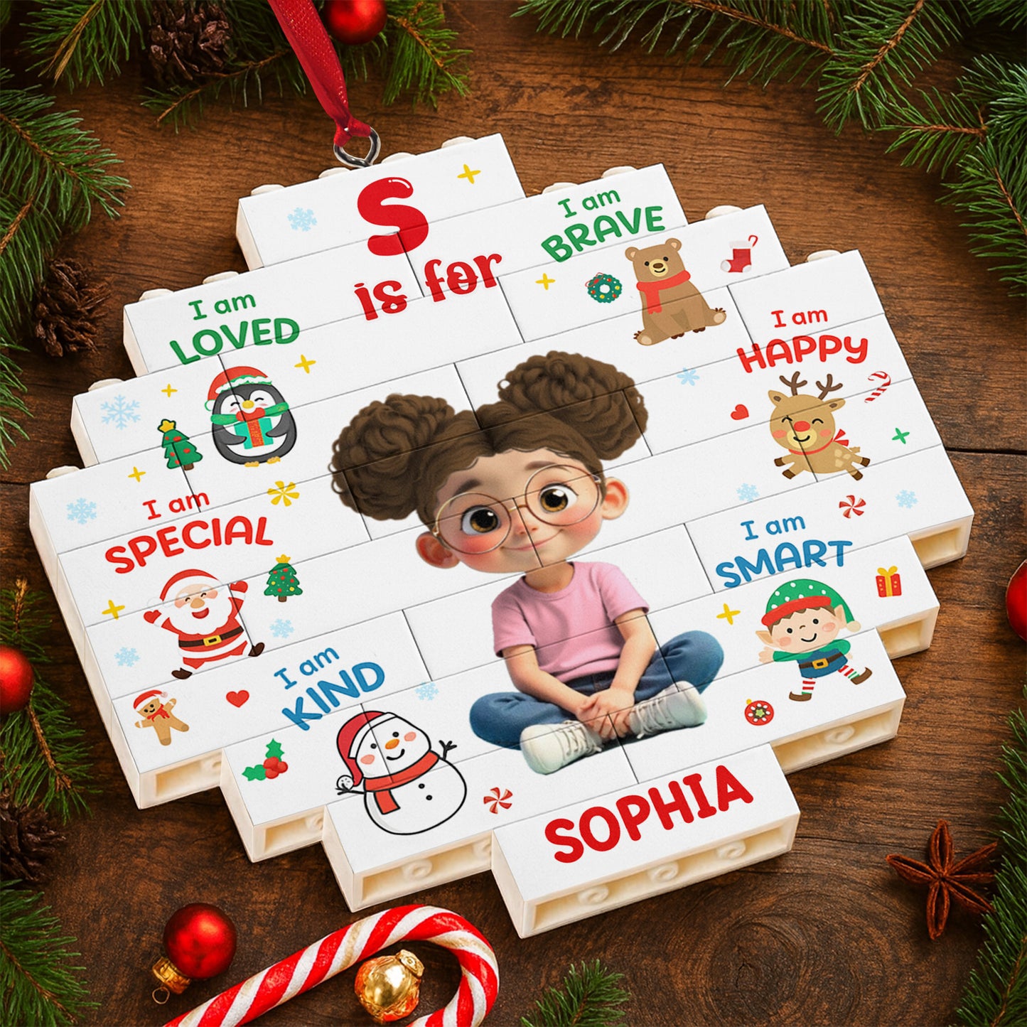 I Am Loved, I Am Brave, Personalized Puzzle Ornament With Festive Characters