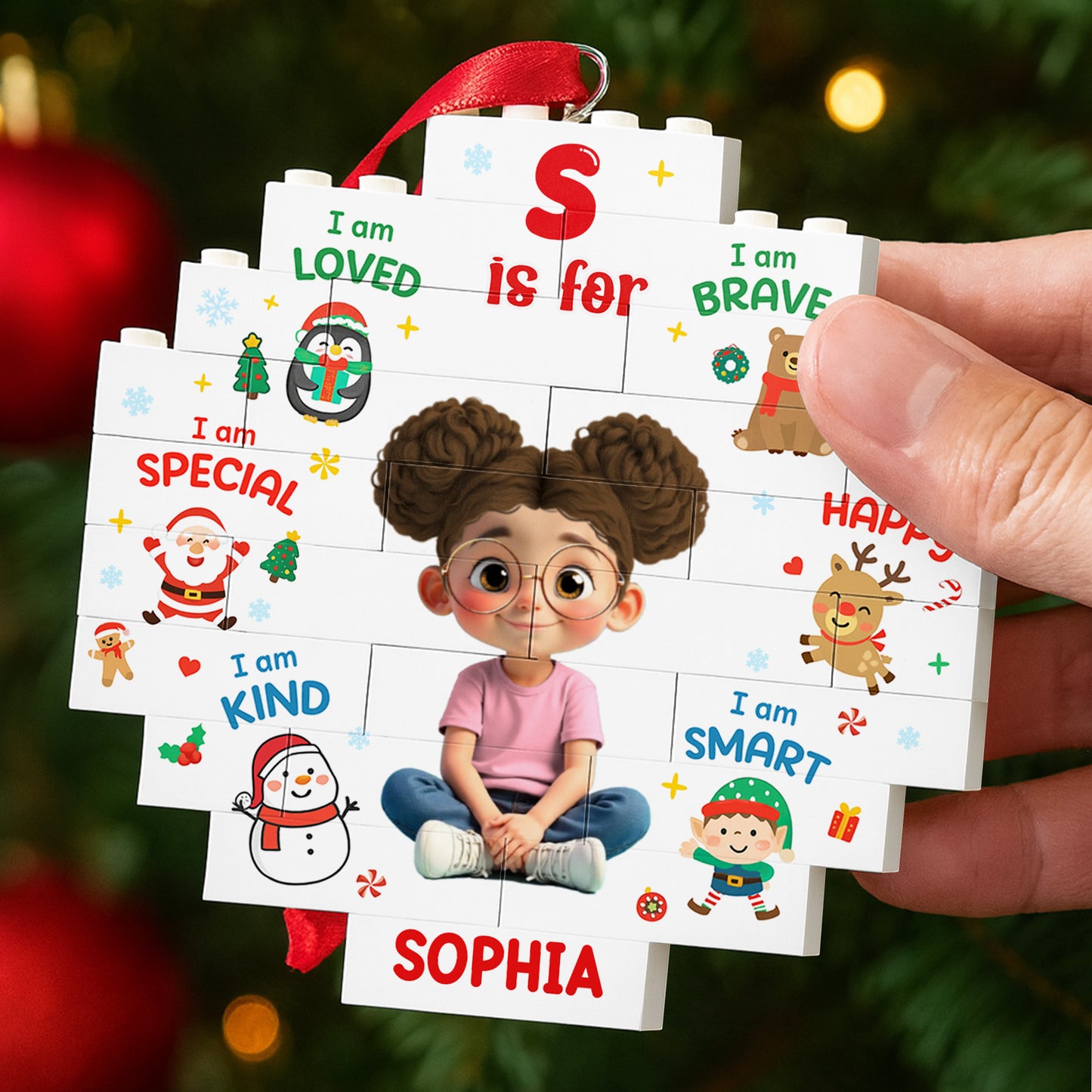 I Am Loved, I Am Brave, Personalized Puzzle Ornament With Festive Characters