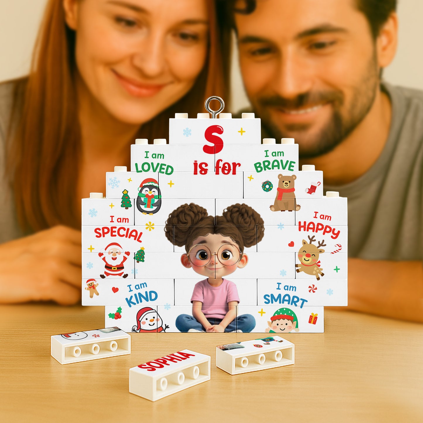 I Am Loved, I Am Brave, Personalized Puzzle Ornament With Festive Characters