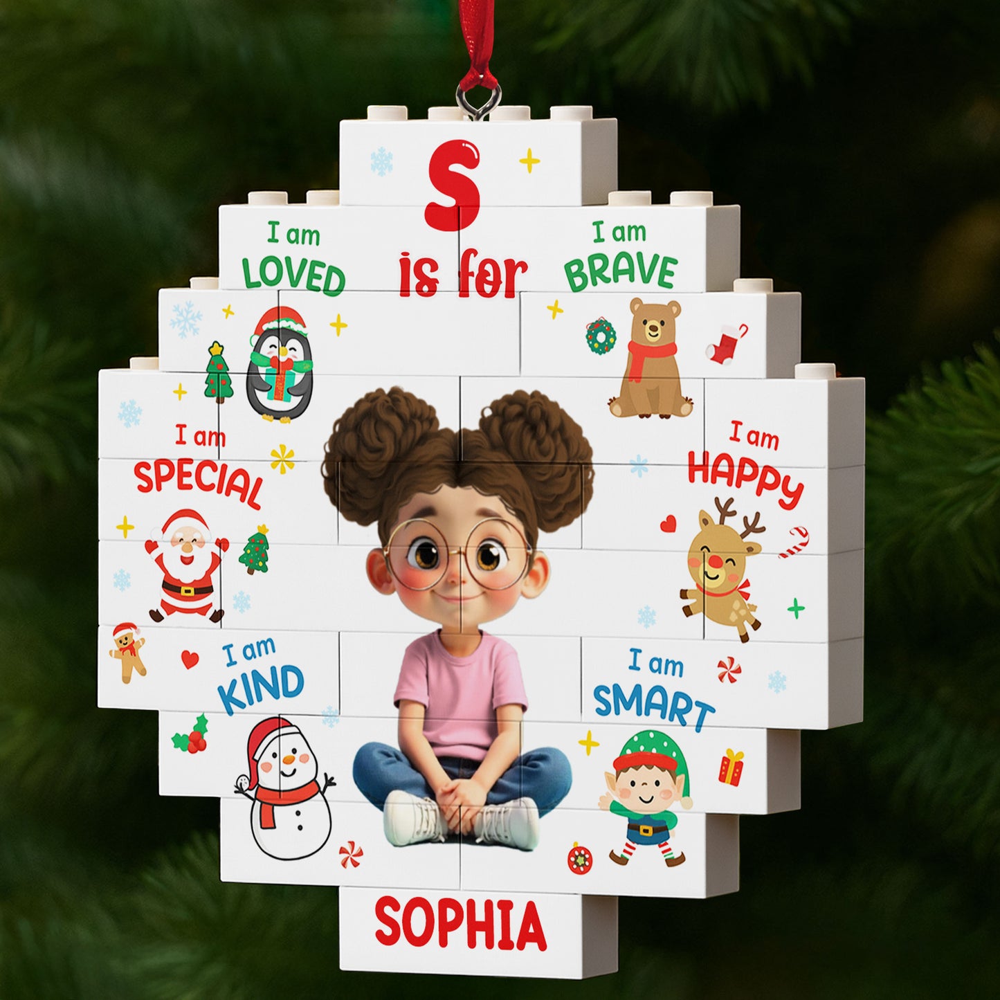 I Am Loved, I Am Brave, Personalized Puzzle Ornament With Festive Characters