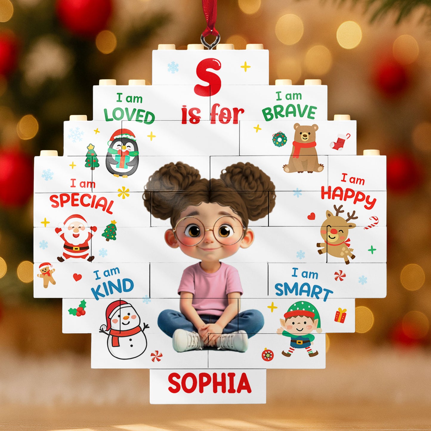 I Am Loved, I Am Brave, Personalized Puzzle Ornament With Festive Characters