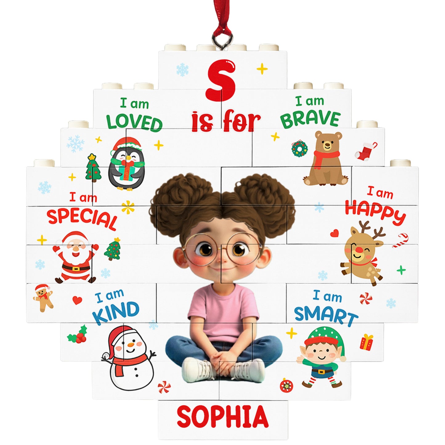 I Am Loved, I Am Brave, Personalized Puzzle Ornament With Festive Characters