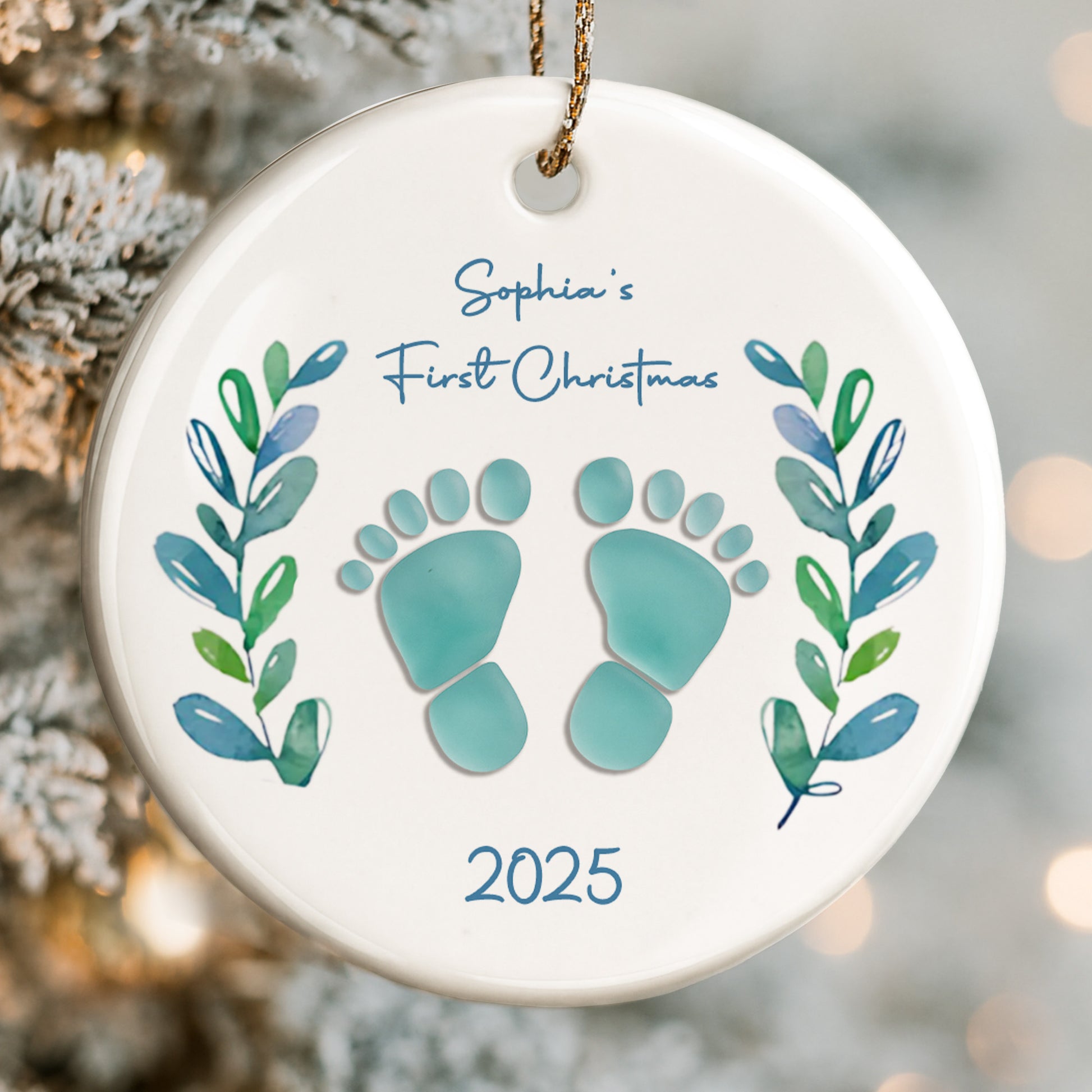 First Christmas With Charming Baby Footprints And Leaves
