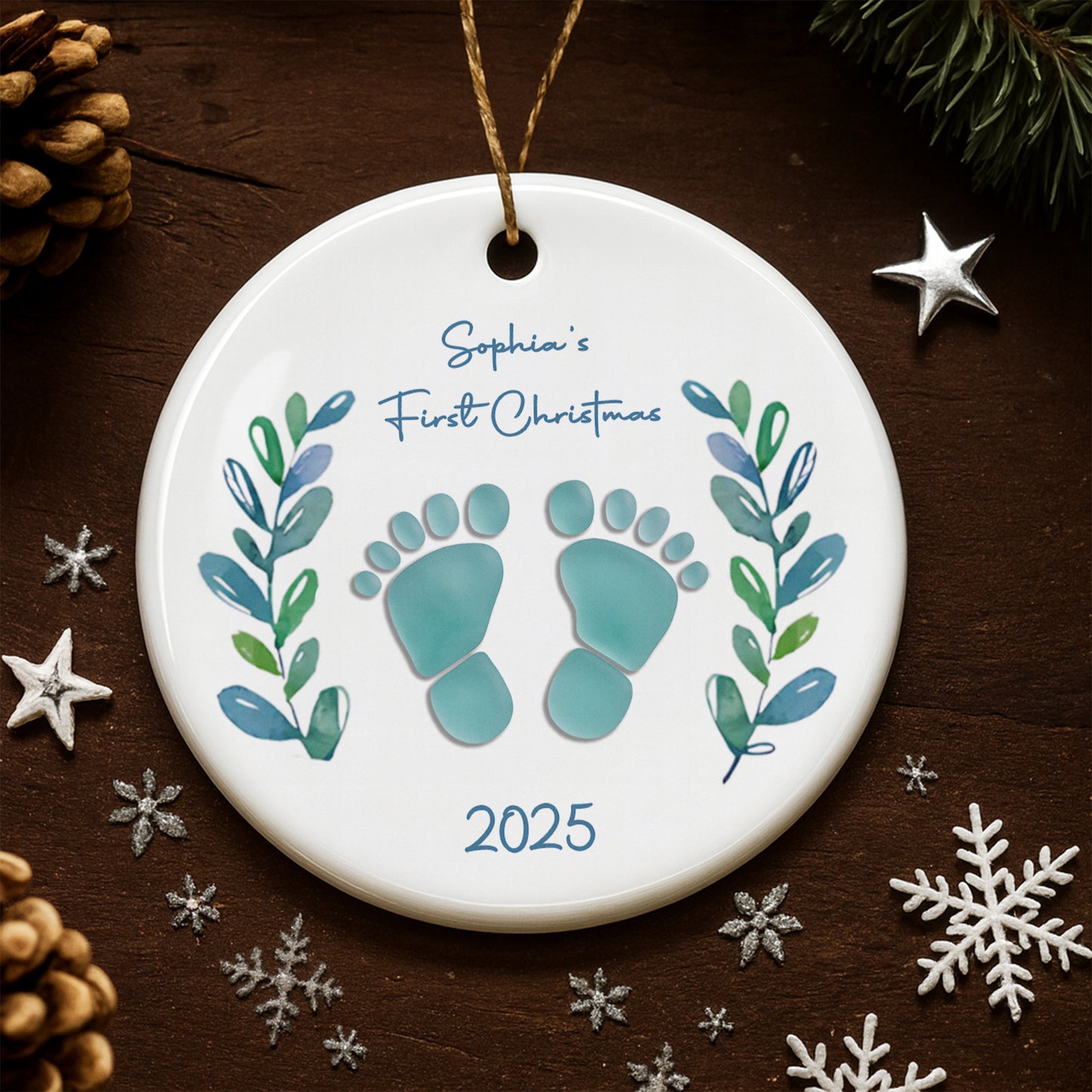 First Christmas With Charming Baby Footprints And Leaves