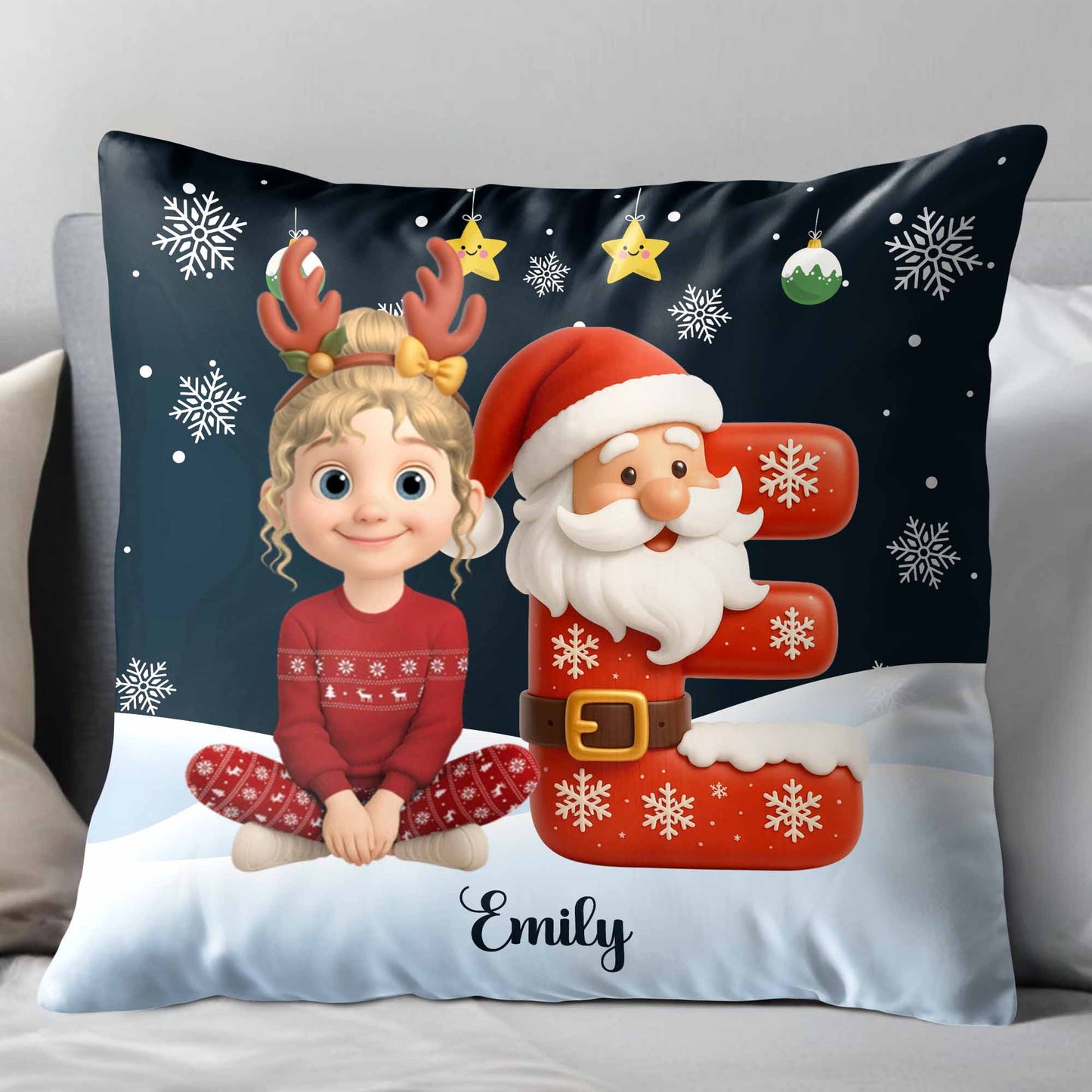 Festive Santa And Reindeer Themed Custom Pillow
