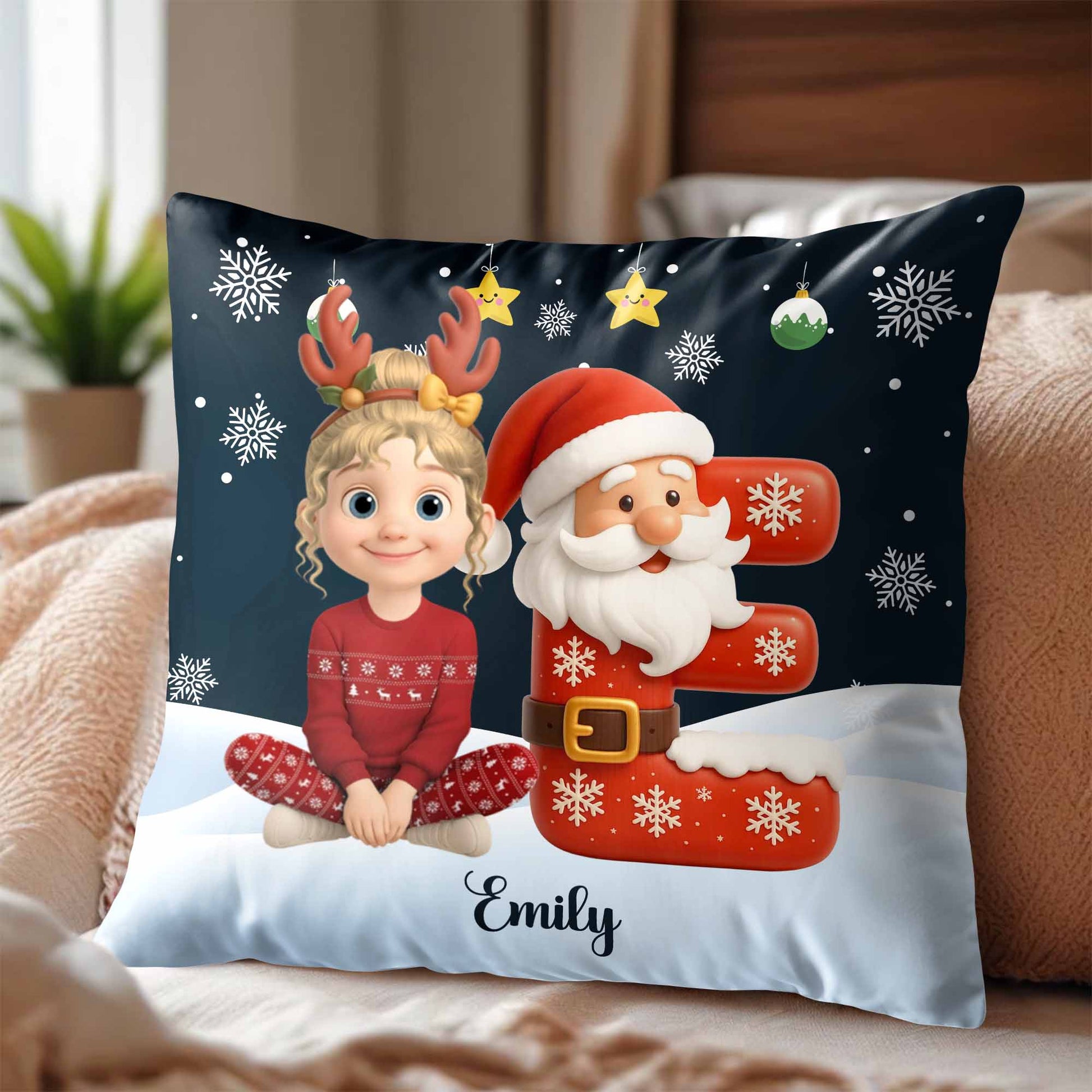 Festive Santa And Reindeer Themed Custom Pillow