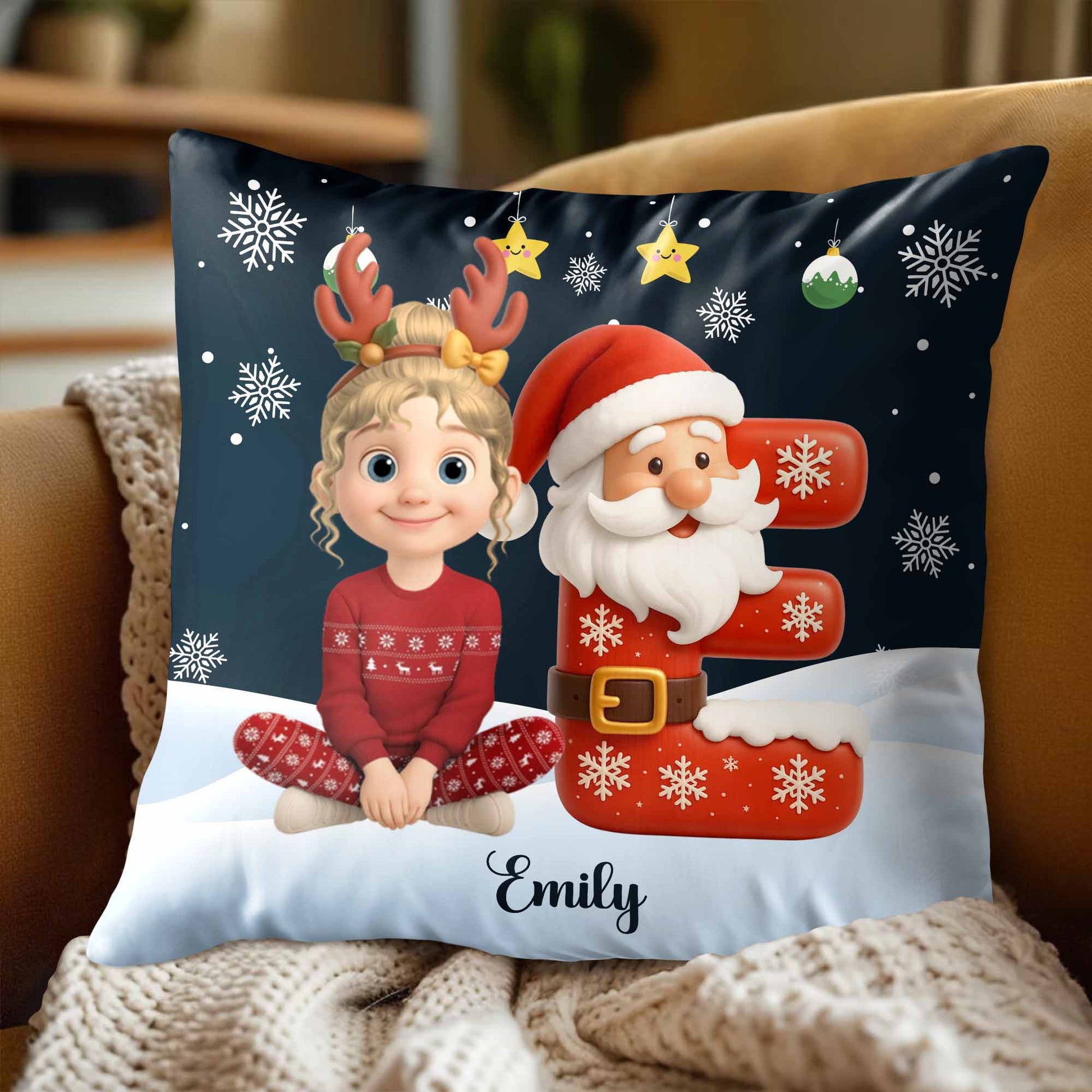 Festive Santa And Reindeer Themed Custom Pillow