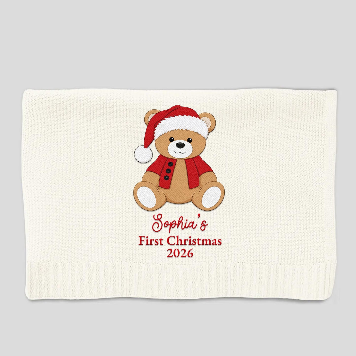 My First Christmas With Cute Teddy Bear Embroidery - Personalized Custom Embroidered Knitted Baby Blanket - KID840_EBALA