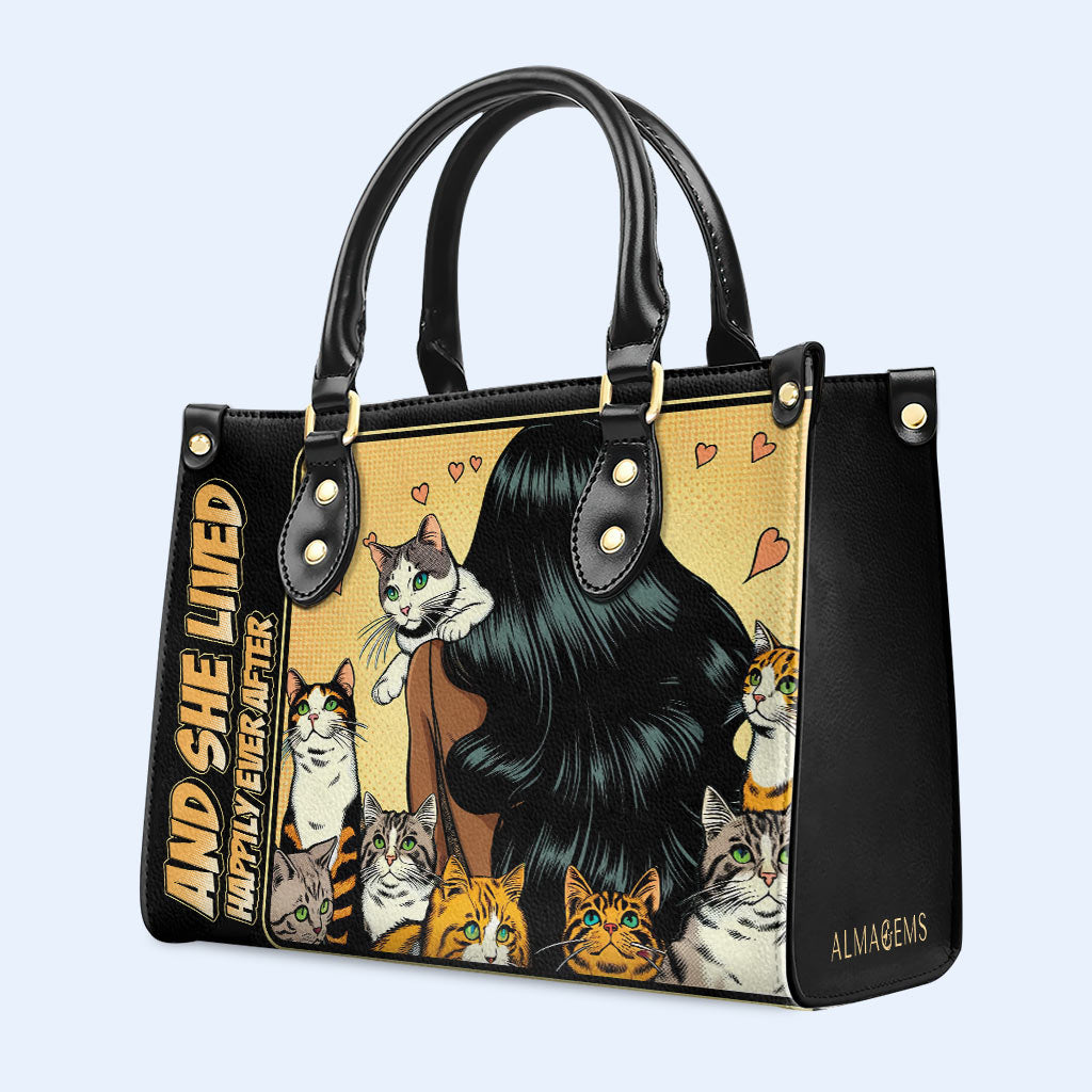 Y ella vivió feliz para siempre - Negro - Bolso de mano de cuero personalizado para amantes de los gatos - LL04BLACK