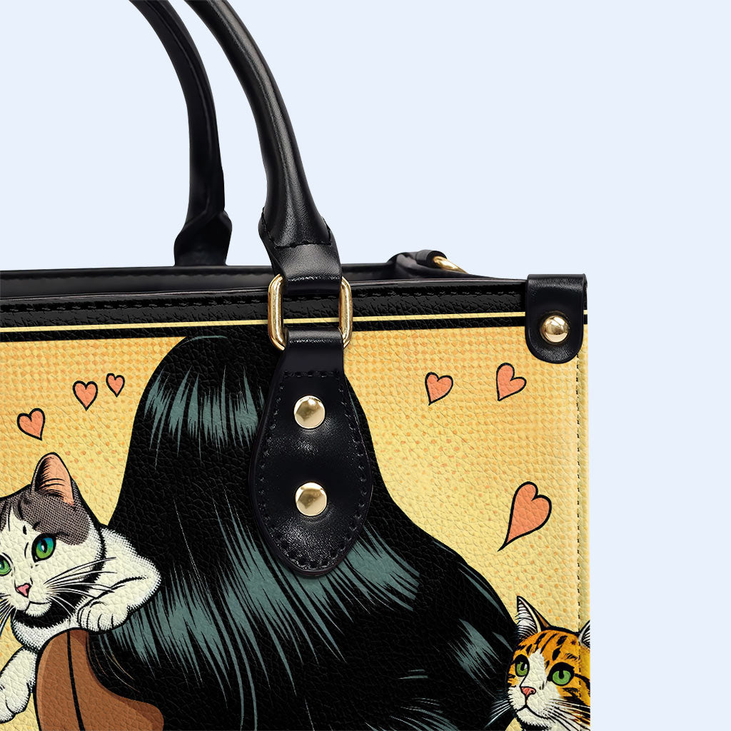 Y ella vivió feliz para siempre - Negro - Bolso de mano de cuero personalizado para amantes de los gatos - LL04BLACK