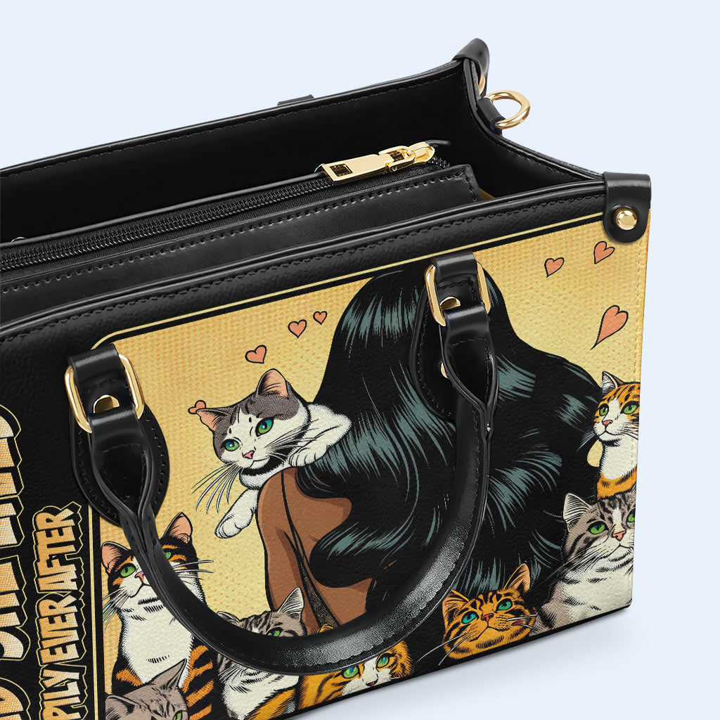 Y ella vivió feliz para siempre - Negro - Bolso de mano de cuero personalizado para amantes de los gatos - LL04BLACK