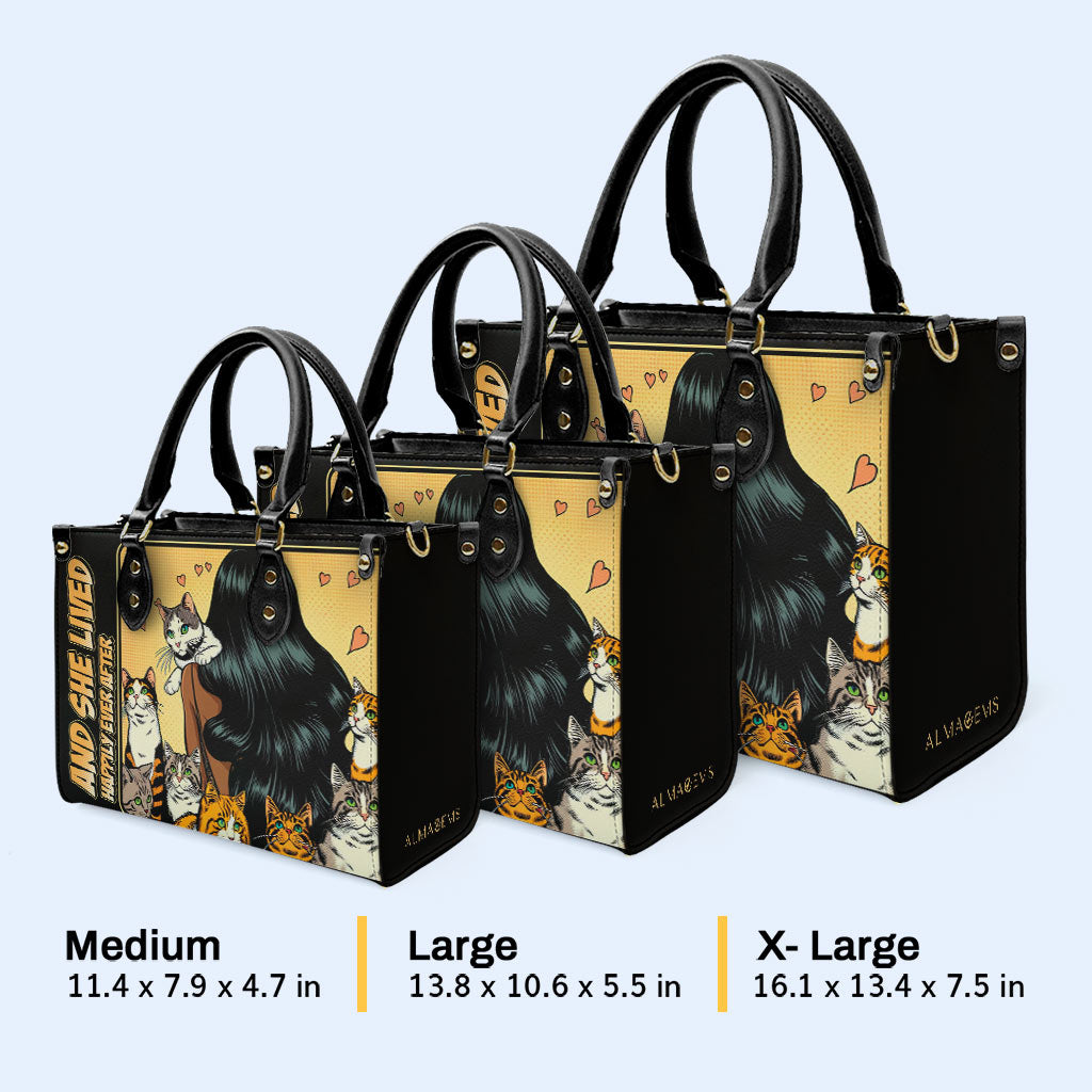 Y ella vivió feliz para siempre - Negro - Bolso de mano de cuero personalizado para amantes de los gatos - LL04BLACK